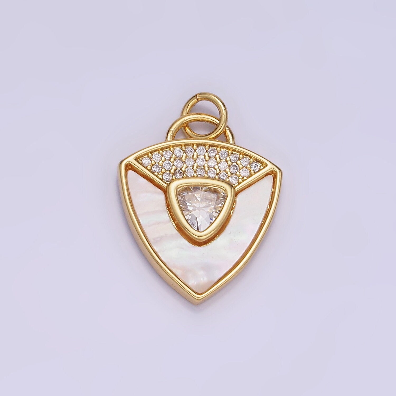 14K Gold Filled Clear, Green CZ Micro Paved Shell Pearl Shield Charm in Gold & Silver | W-492 W-493