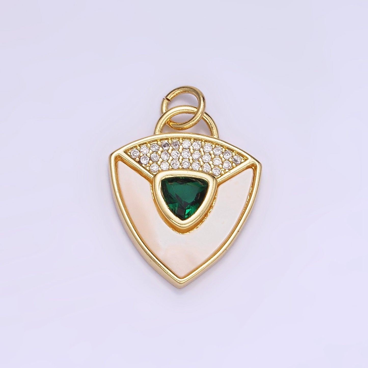 14K Gold Filled Clear, Green CZ Micro Paved Shell Pearl Shield Charm in Gold & Silver | W-492 W-493