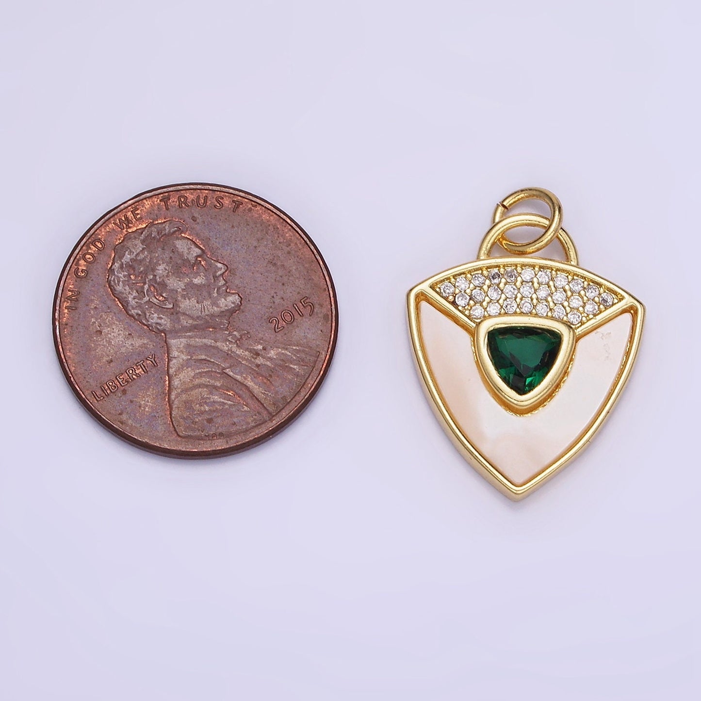 14K Gold Filled Clear, Green CZ Micro Paved Shell Pearl Shield Charm in Gold & Silver | W-492 W-493