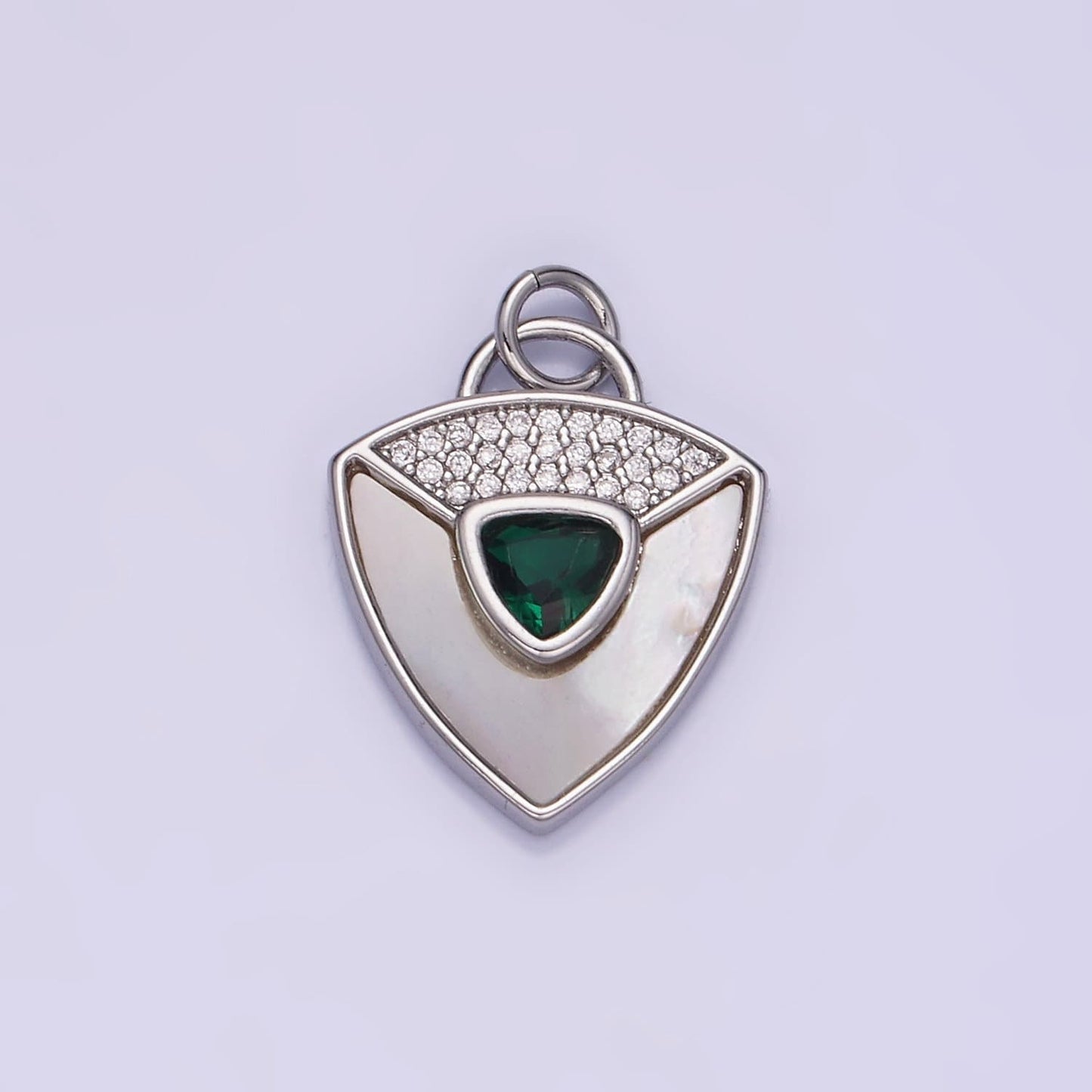 14K Gold Filled Clear, Green CZ Micro Paved Shell Pearl Shield Charm in Gold & Silver | W-492 W-493