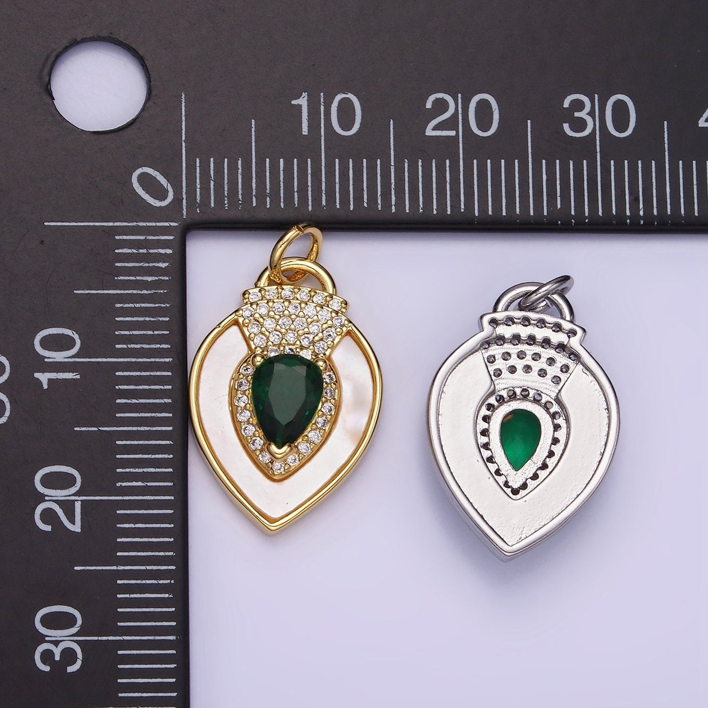 14K Gold Filled Clear, Green CZ Micro Paved Shell Pearl Teardrop Charm in Gold & Silver | W-490 W-491