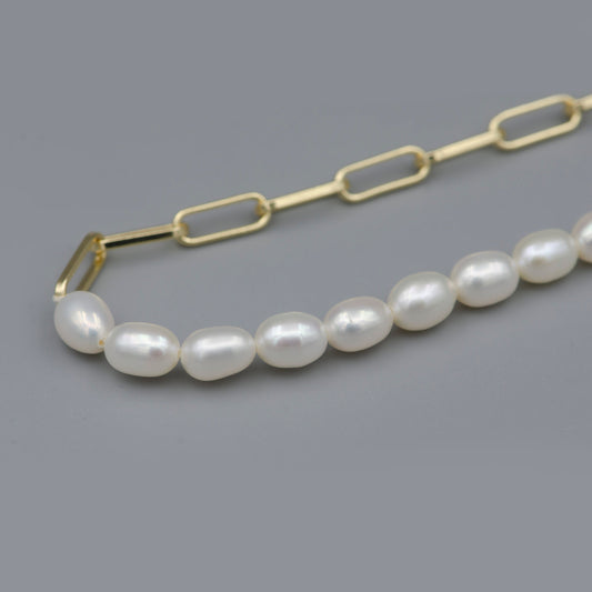 Pearl Choker Necklace, Oval Link Chain Necklace, Pearl Necklace, 16 inch Necklace Mix Metal Beaded Gold Chain, WA024