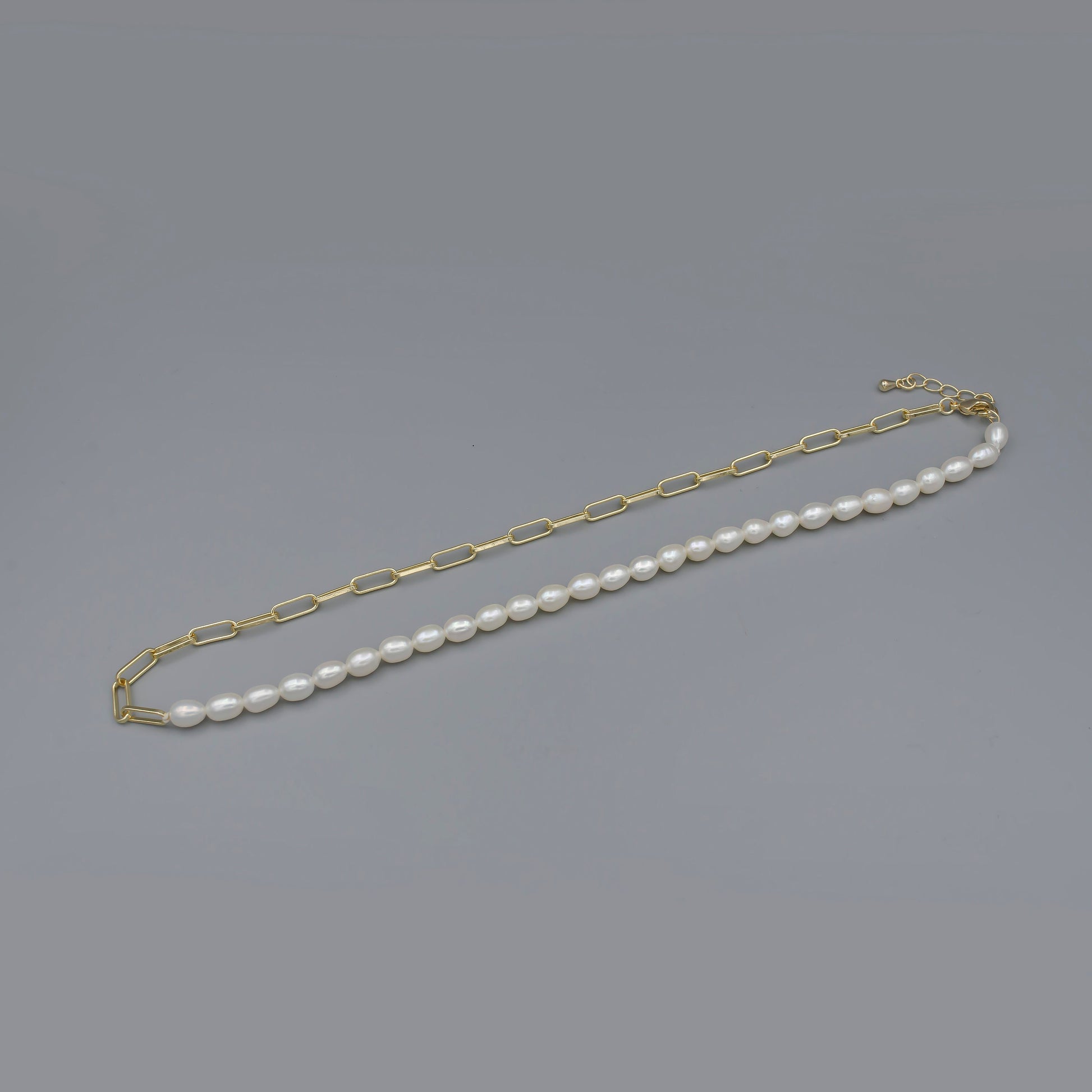 Pearl Choker Necklace, Oval Link Chain Necklace, Pearl Necklace, 16 inch Necklace Mix Metal Beaded Gold Chain, WA024