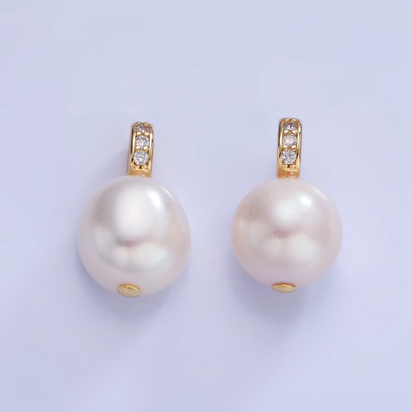 Dainty White Potato Pearl Charms Pendant with CZ Bail Approx. 19x11mm for Necklace Component Clear Cubic Zirconia P-1716