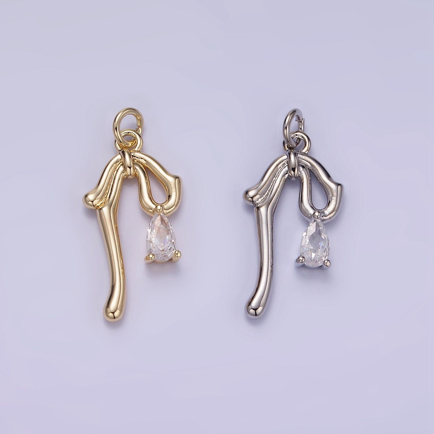 Mini Gold CZ Teardrop Molten Drop Ribbon Bow Charm in Gold & Silver | W544