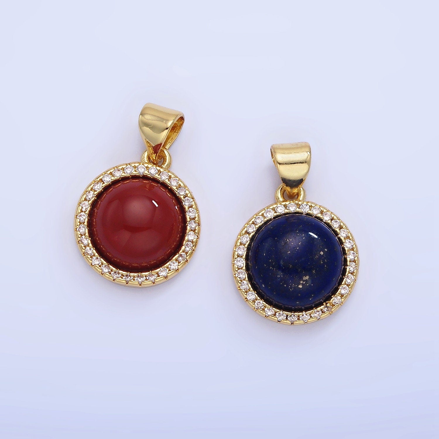 14K Gold Filled Lapis Lazuli, Carnelian Micro Paved CZ Round Pendant | AA-1248