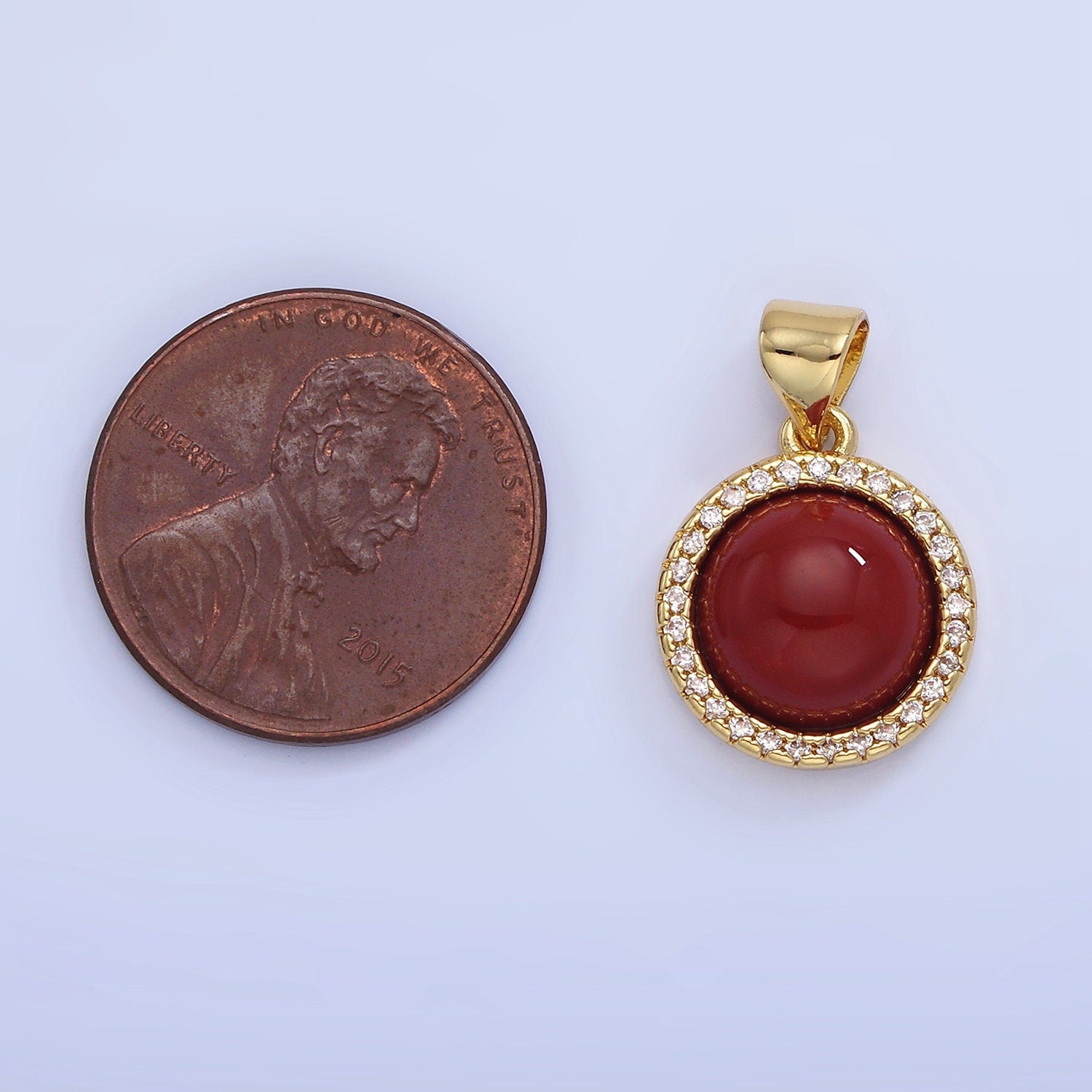 14K Gold Filled Lapis Lazuli, Carnelian Micro Paved CZ Round Pendant | AA-1248
