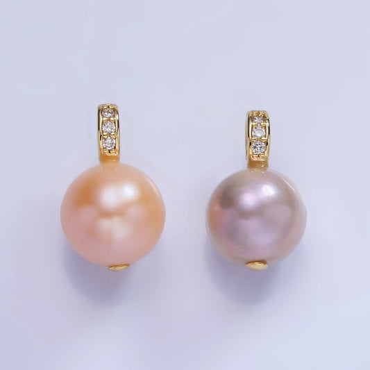 14K Gold Filled Purple, Pink Freshwater Pearl Button Micro Paved CZ Bail Pendant | P-1721 P-1722