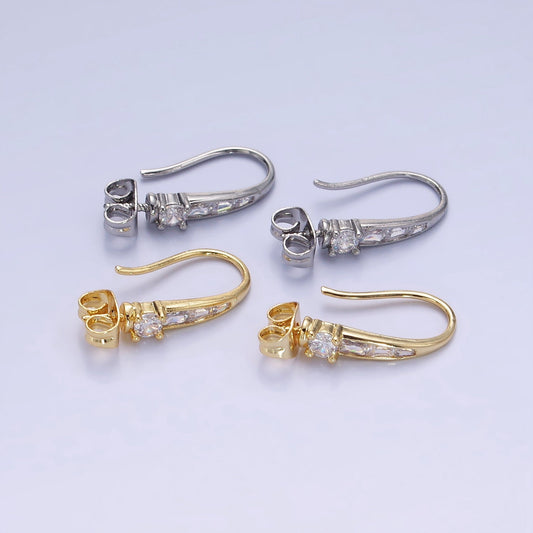 14K Gold Filled CZ Baguette Lined French Hook Earrings in Gold & Silver | Z-749 Z-750