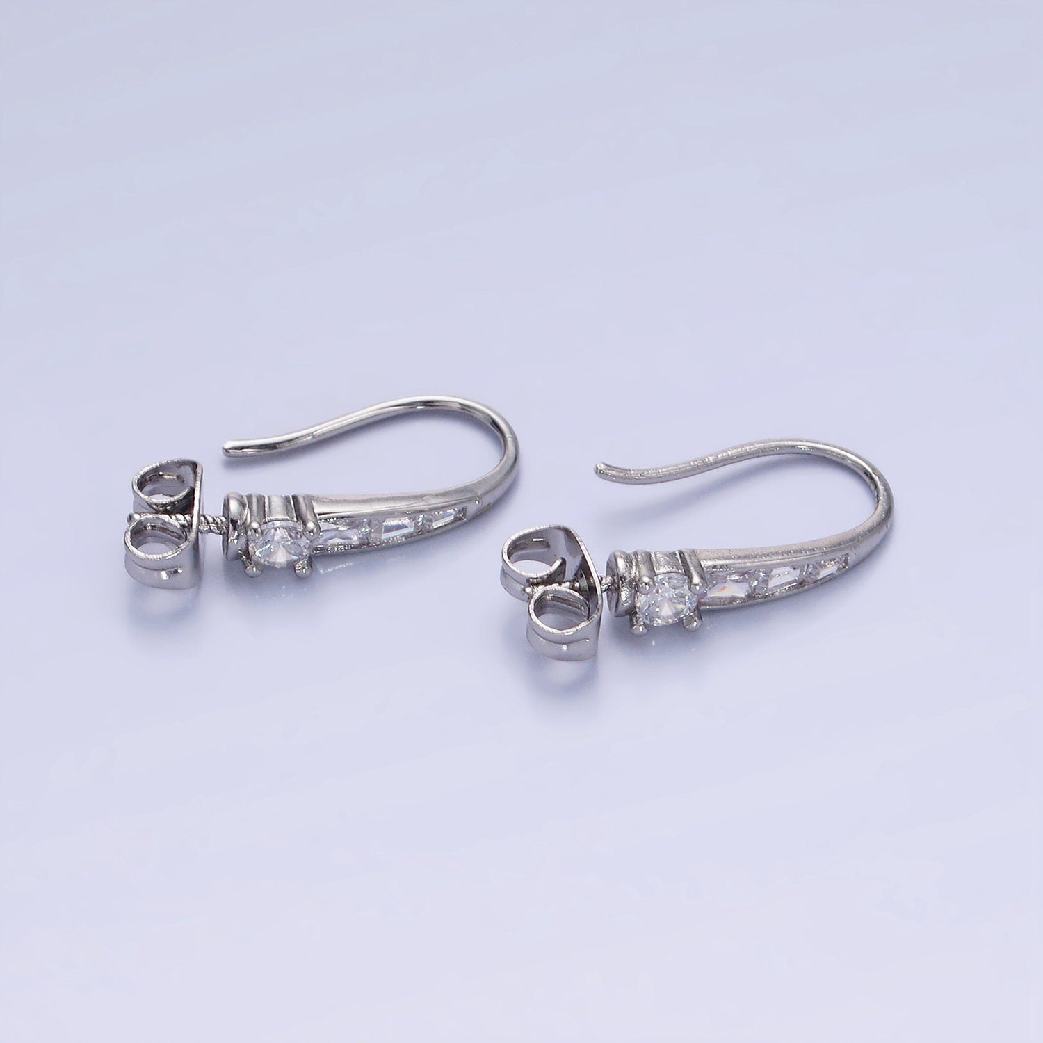 14K Gold Filled CZ Baguette Lined French Hook Earrings in Gold & Silver | Z-749 Z-750