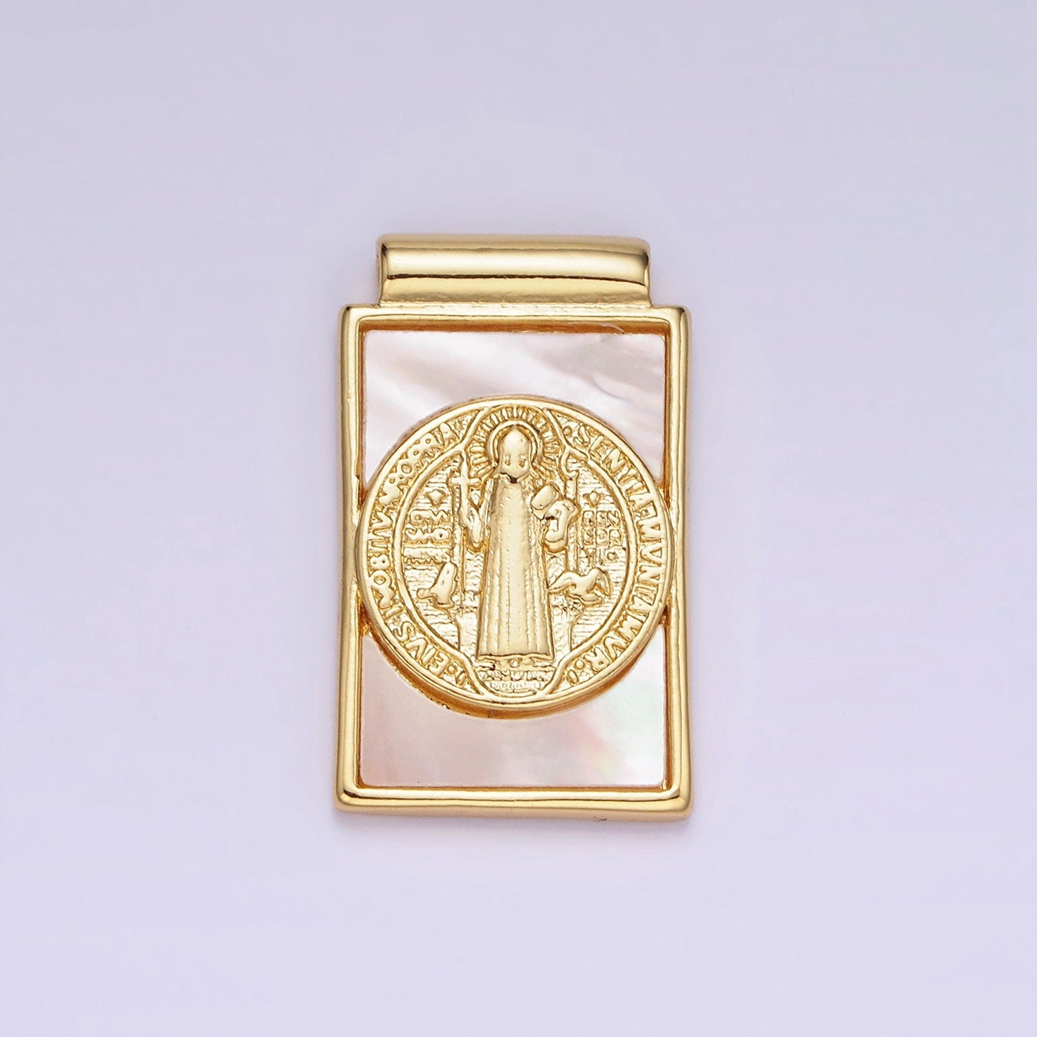 Dainty Dangle Banner Style 14K Gold Filled Saint Benedict Charm Rectangle Pearl Medallion for Necklace Religious Jewelry Making | AH-156 155