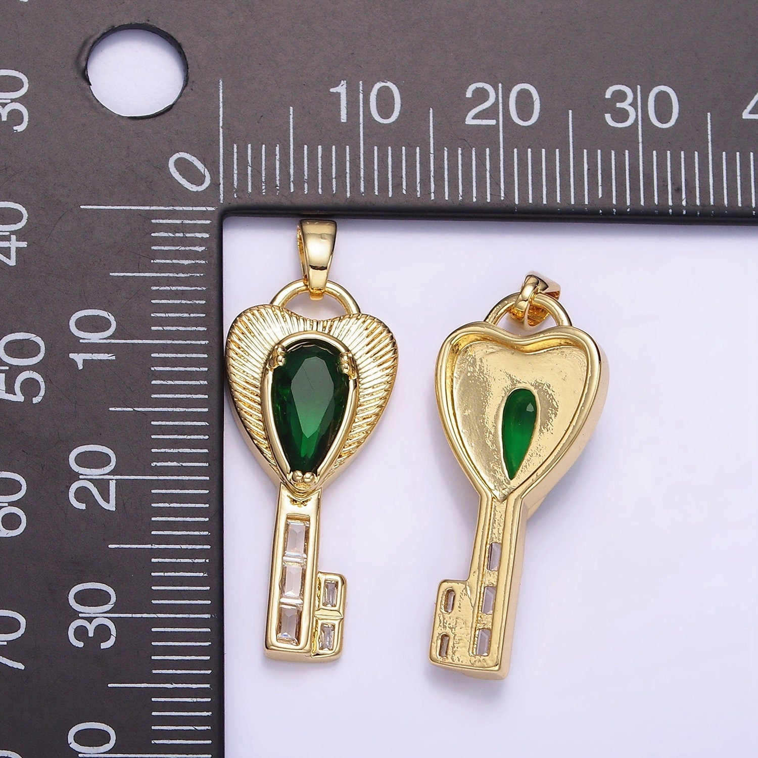Gold Filled Key Charm with Emerald Green CZ Stone Pendant AH142