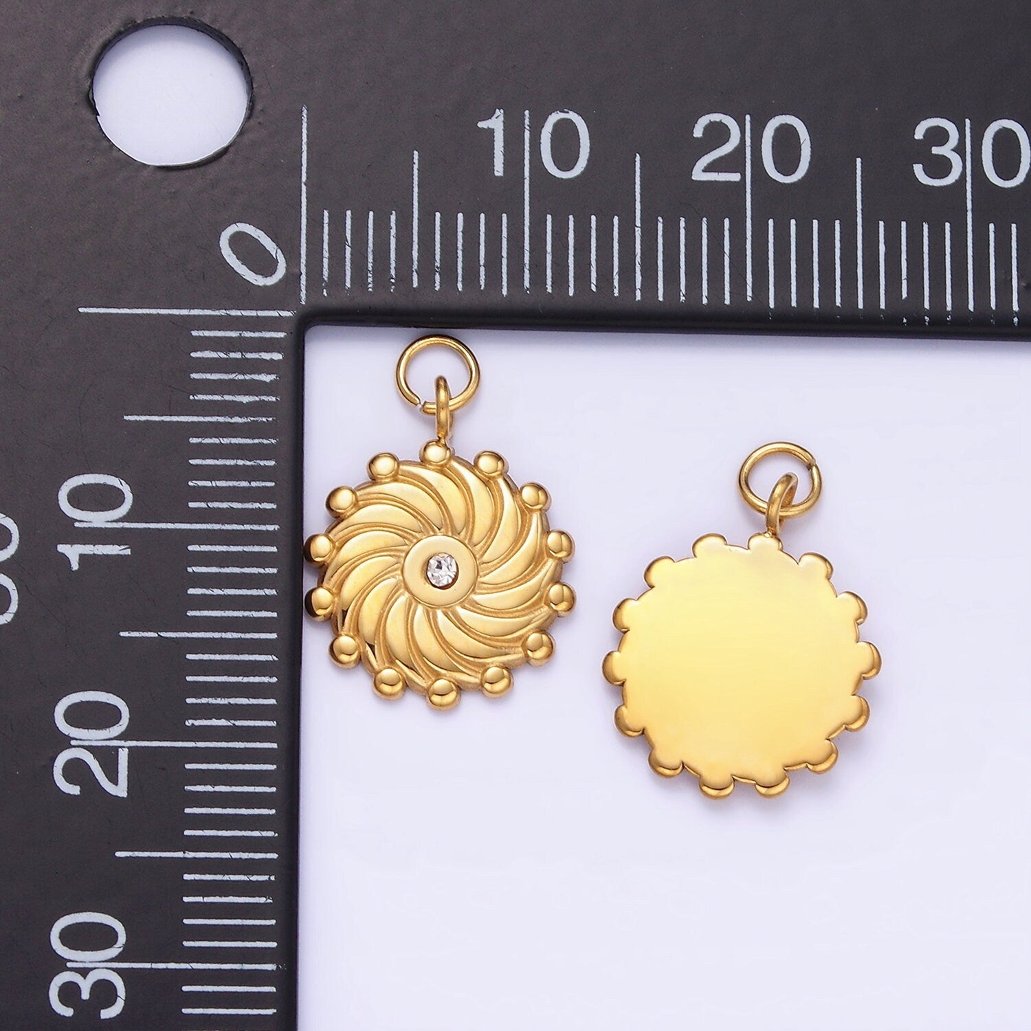 Stainless Steel 17mm Medallion Sun Ray Sunburst Celestial Mini Gold Charm with Clear CZ Stone | P-963