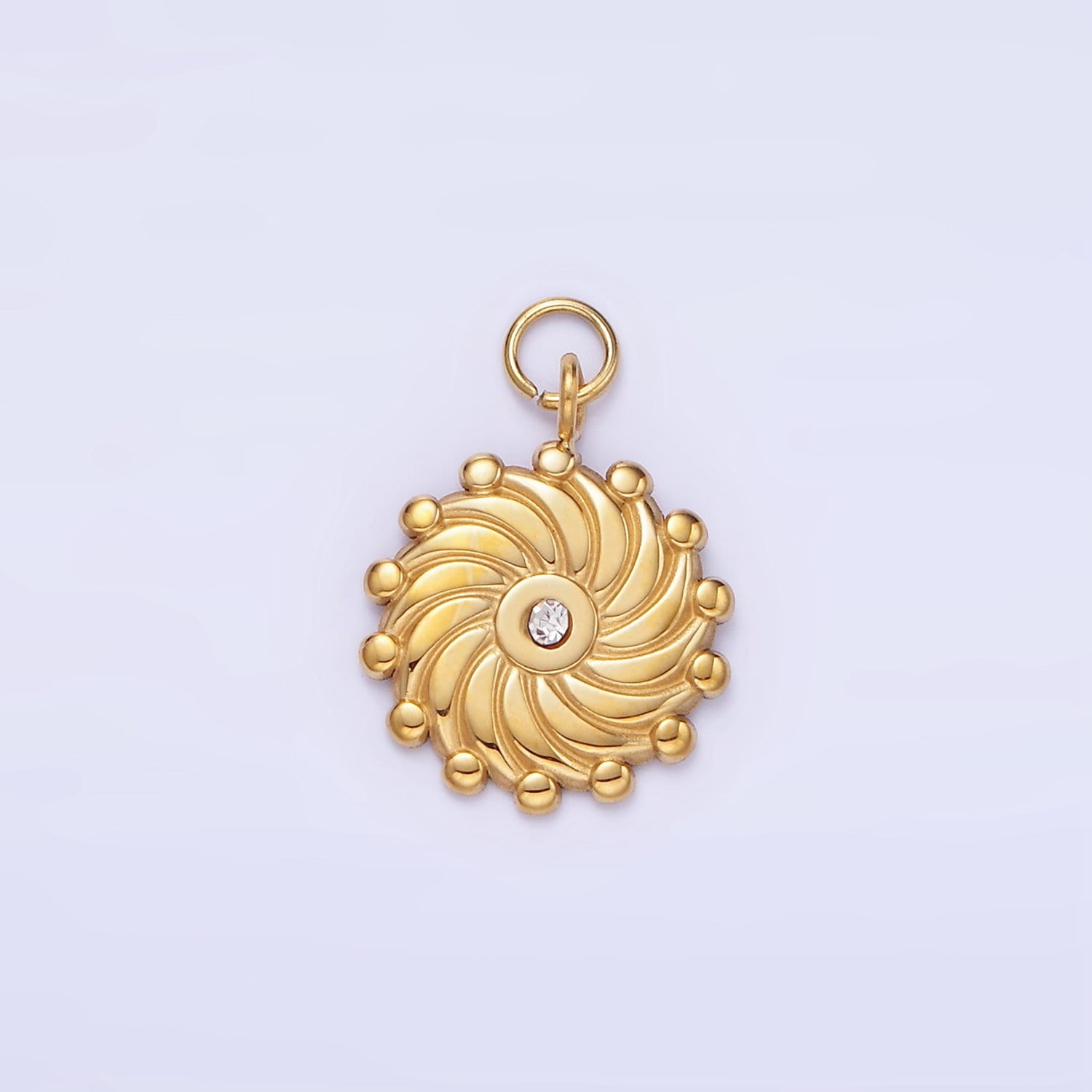 Stainless Steel 17mm Medallion Sun Ray Sunburst Celestial Mini Gold Charm with Clear CZ Stone | P-963