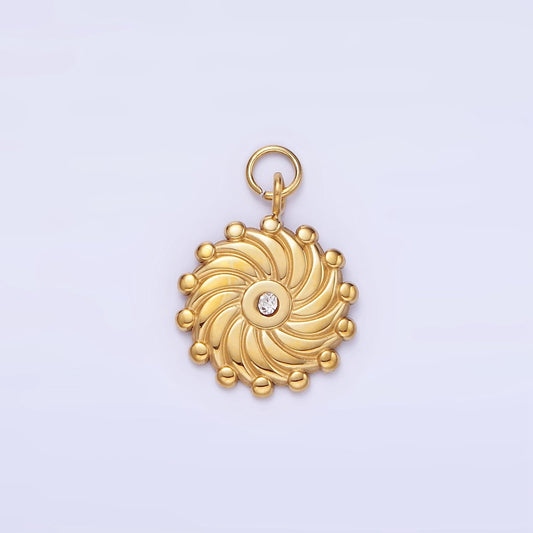 Stainless Steel 17mm Medallion Sun Ray Sunburst Celestial Mini Gold Charm with Clear CZ Stone | P-963