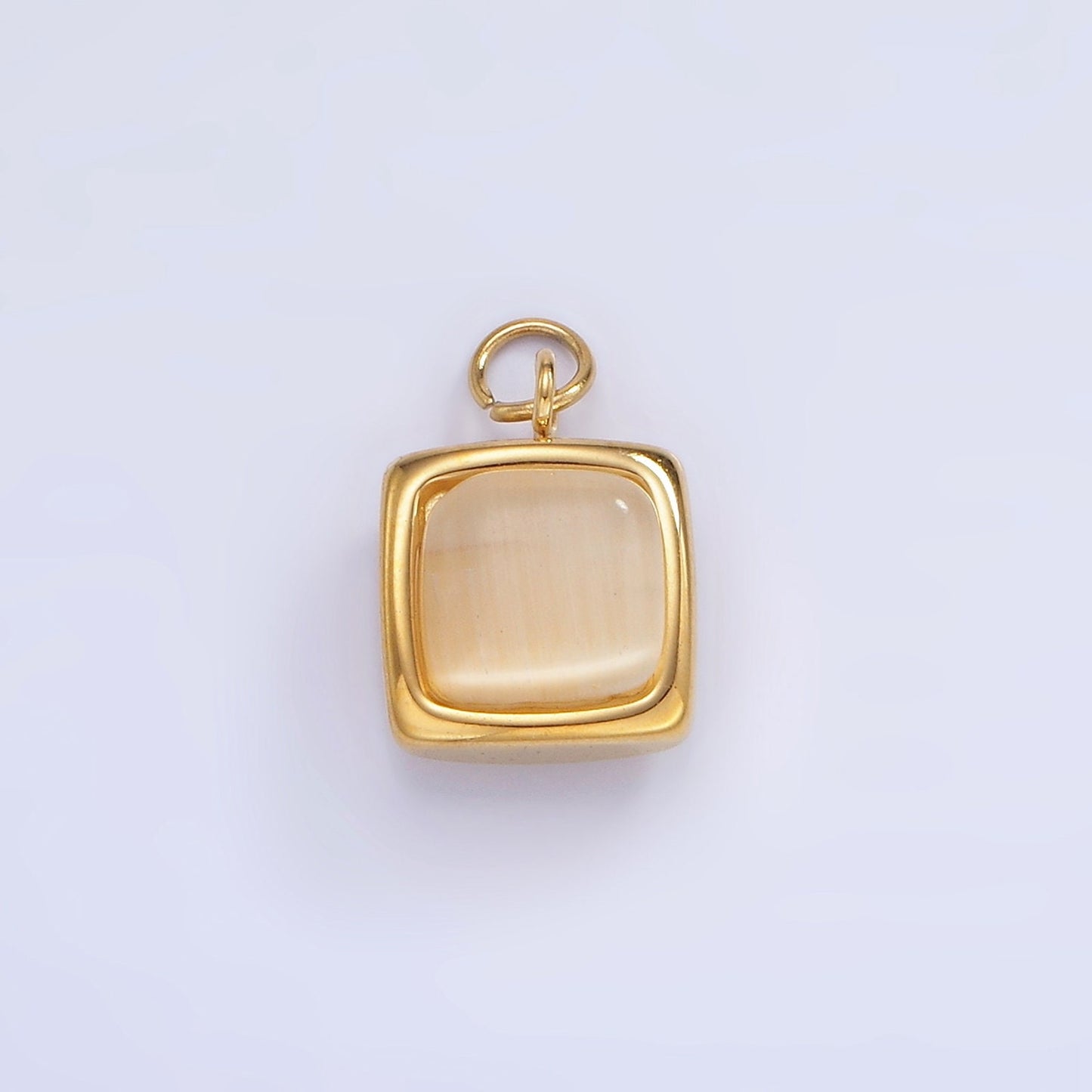 Stainless Steel 9mm Peach Cat's Eye Stone Square Charm in Gold | P-978