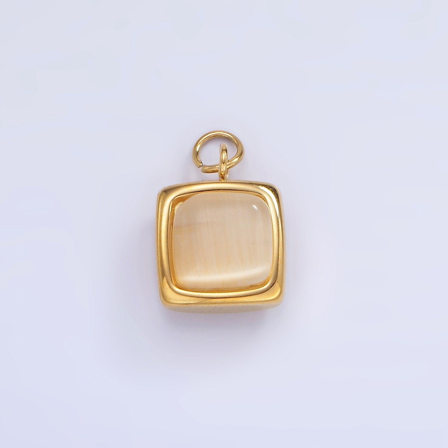 Stainless Steel 9mm Peach Cat's Eye Stone Square Charm in Gold | P-978