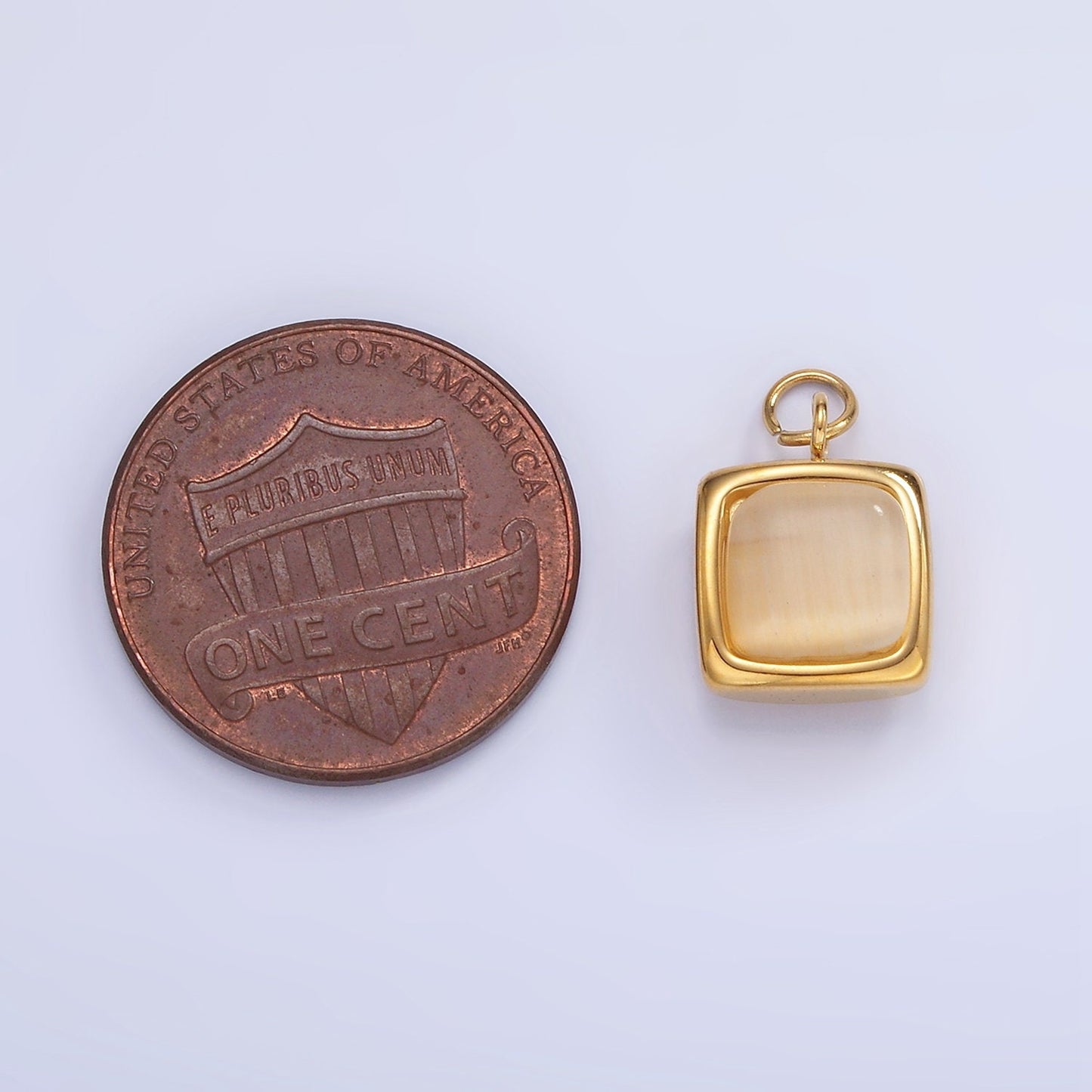 Stainless Steel 9mm Peach Cat's Eye Stone Square Charm in Gold | P-978
