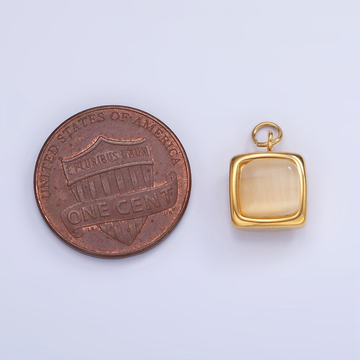 Stainless Steel 9mm Peach Cat's Eye Stone Square Charm in Gold | P-978