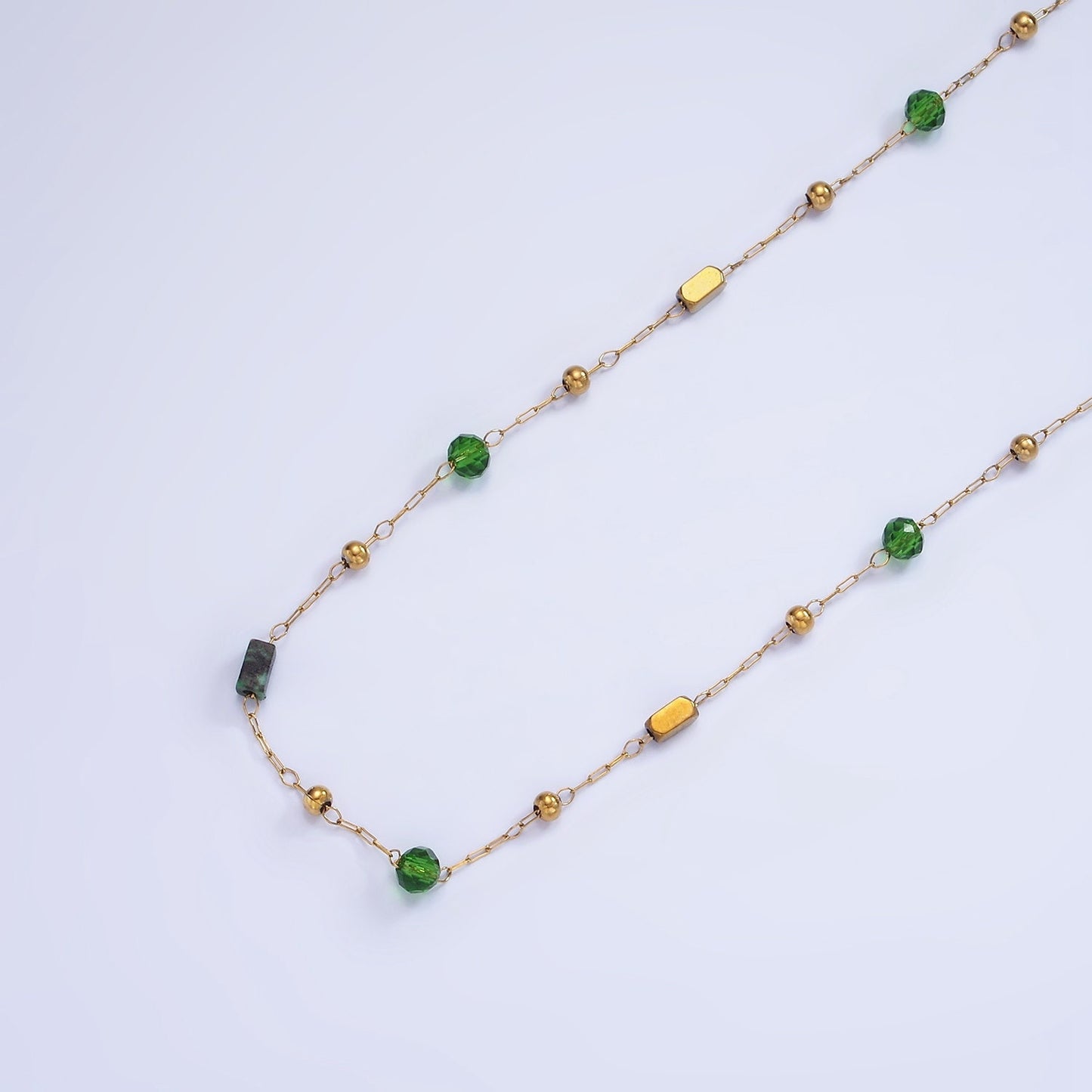 Stainless Steel Green CZ Aventurine Tube Satellite Unfinished Chain by Yard Beaded Chain for St Patrick Jewelry Making | Roll-1493