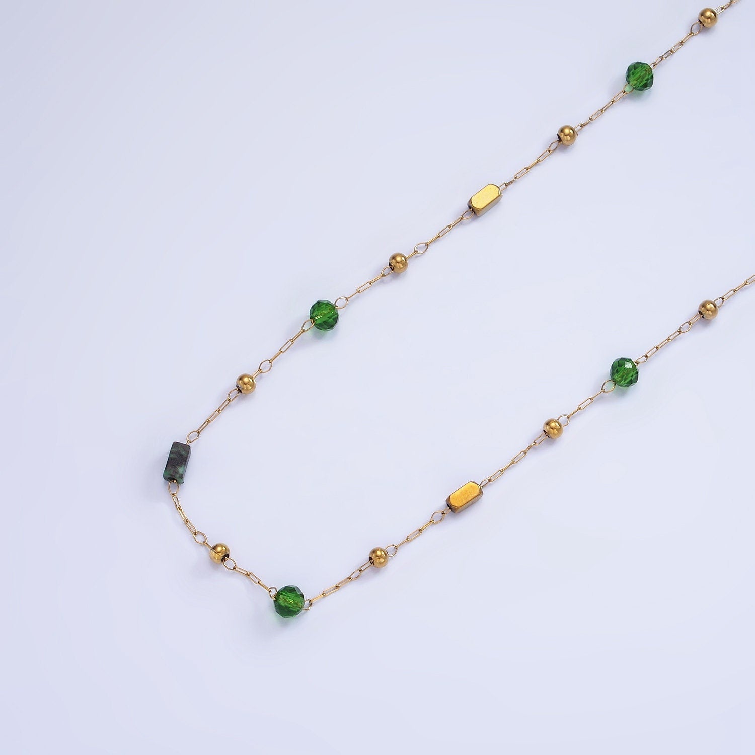 Stainless Steel Green CZ Aventurine Tube Satellite Unfinished Chain by Yard Beaded Chain for St Patrick Jewelry Making | Roll-1493
