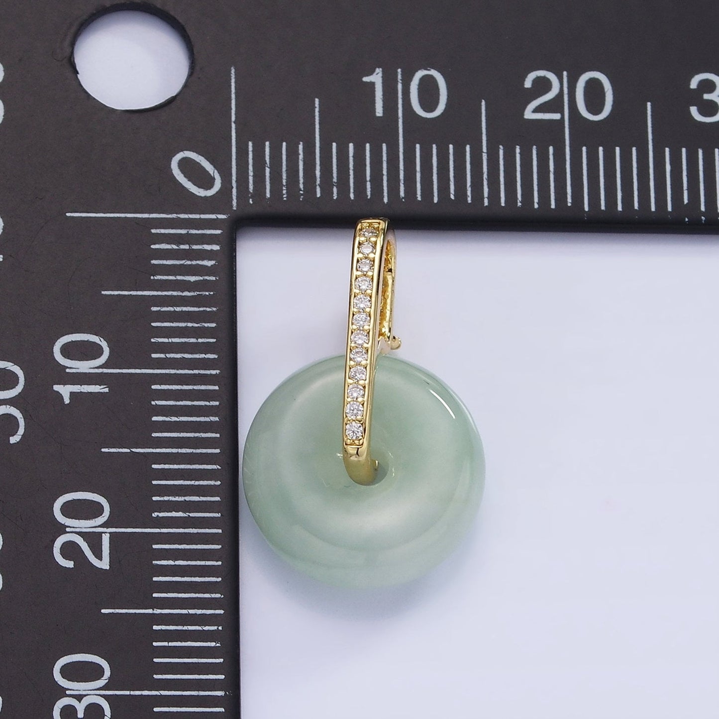 14K Gold Filled Green Jade Gemstone Donut Micro Paved CZ Linear Bail Pendant in Gold & Silver | AH-159