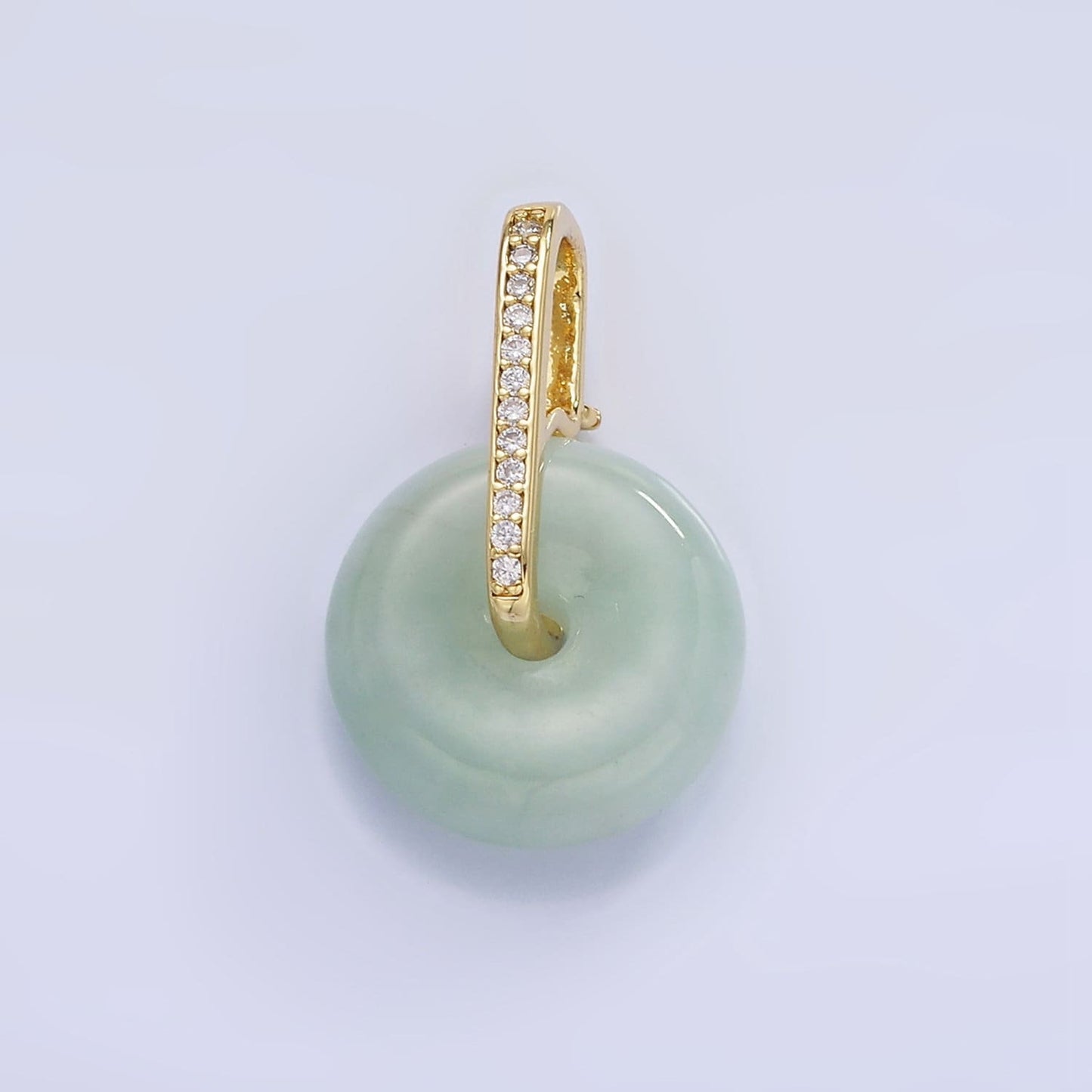 14K Gold Filled Green Jade Gemstone Donut Micro Paved CZ Linear Bail Pendant in Gold & Silver | AH-159