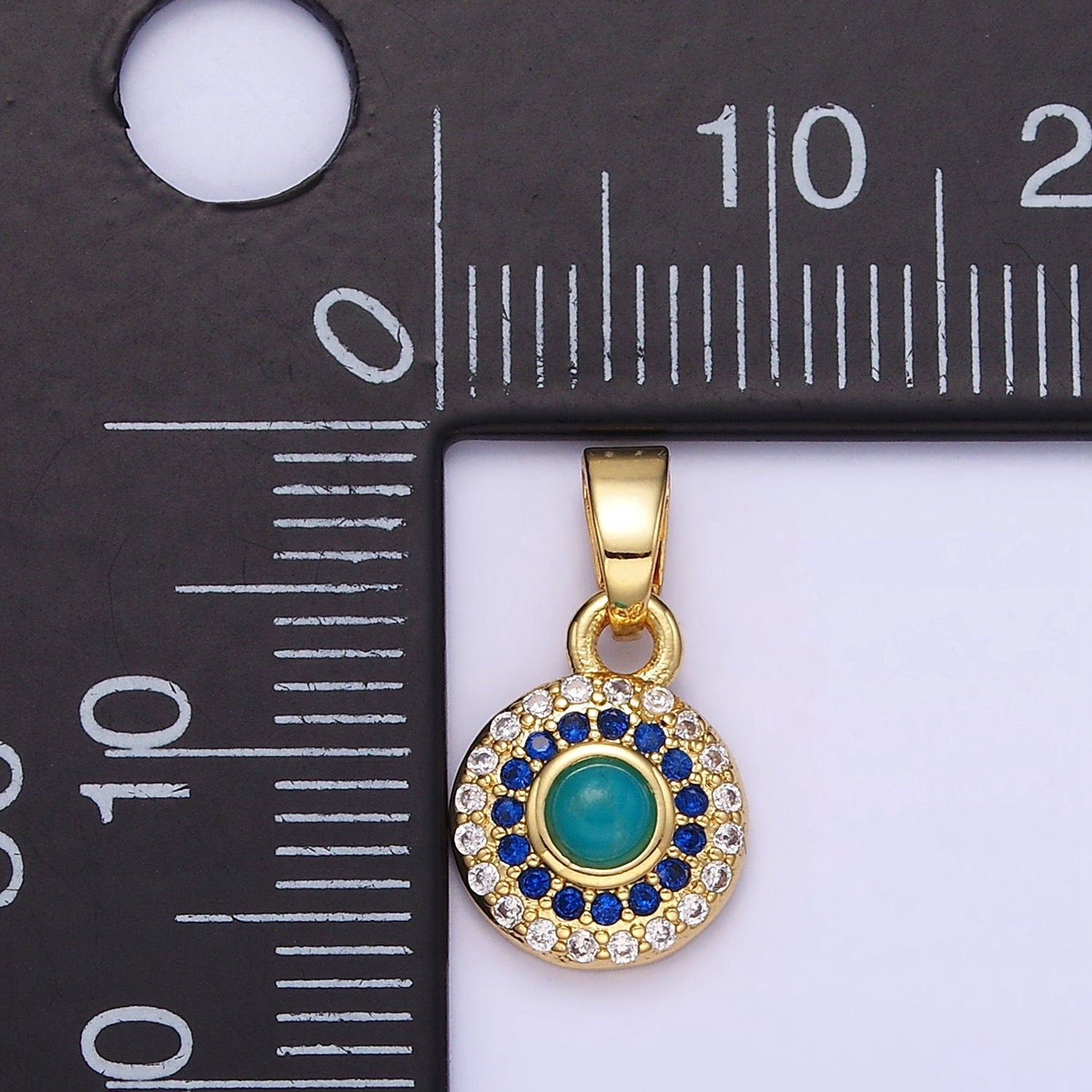 14K Gold Filled Turquoise Gemstone Micro Paved CZ Round Pendant | AH-161