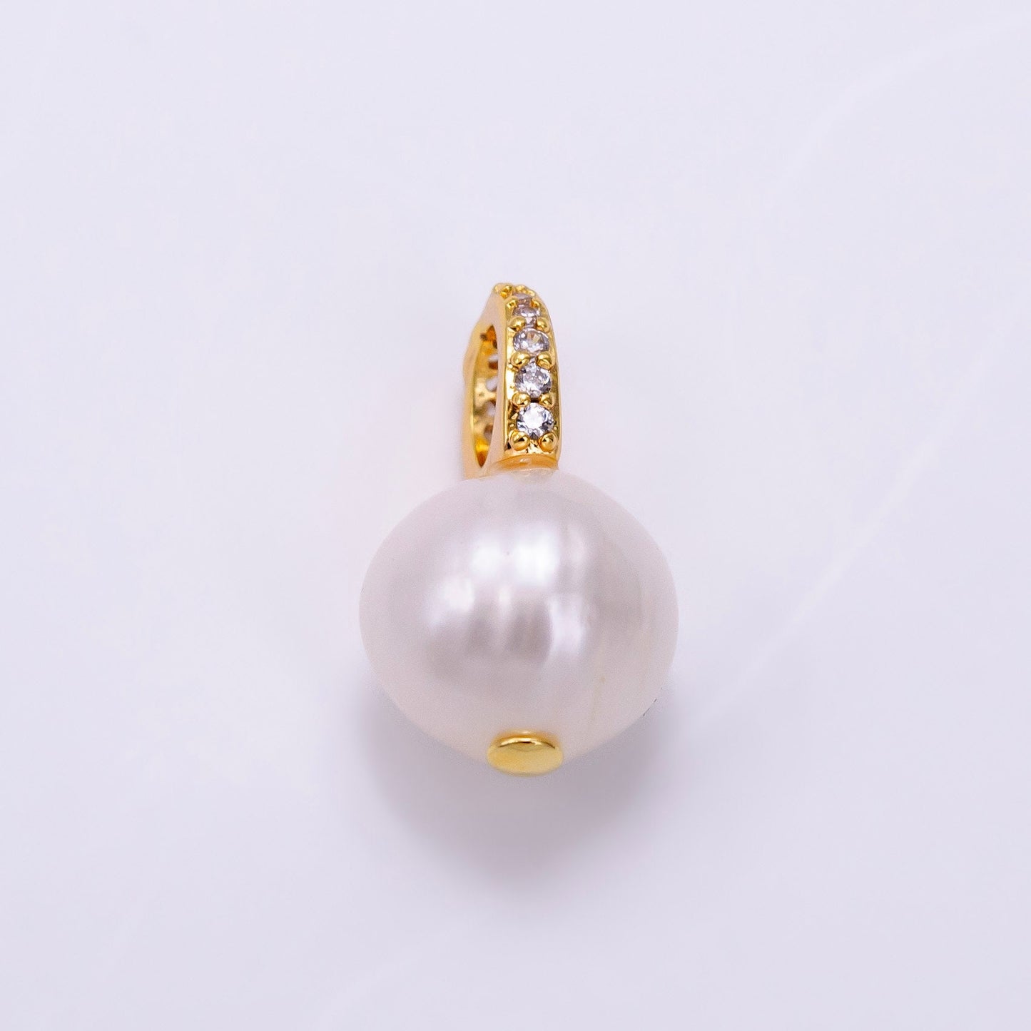 14K Gold Filled 9mm White Freshwater Pearl Button Drop Micro Paved CZ Pendant | P1709