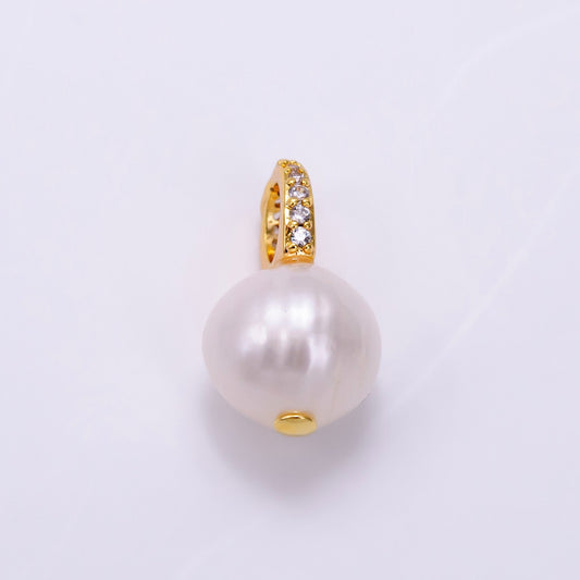 14K Gold Filled 9mm White Freshwater Pearl Button Drop Micro Paved CZ Pendant | P1709