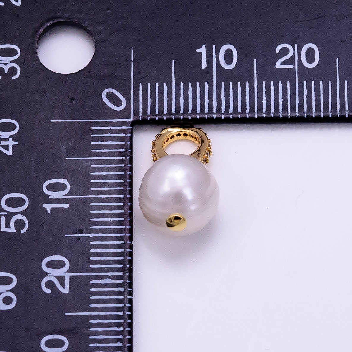 14K Gold Filled 9mm White Freshwater Pearl Button Drop Micro Paved CZ Pendant | P1709