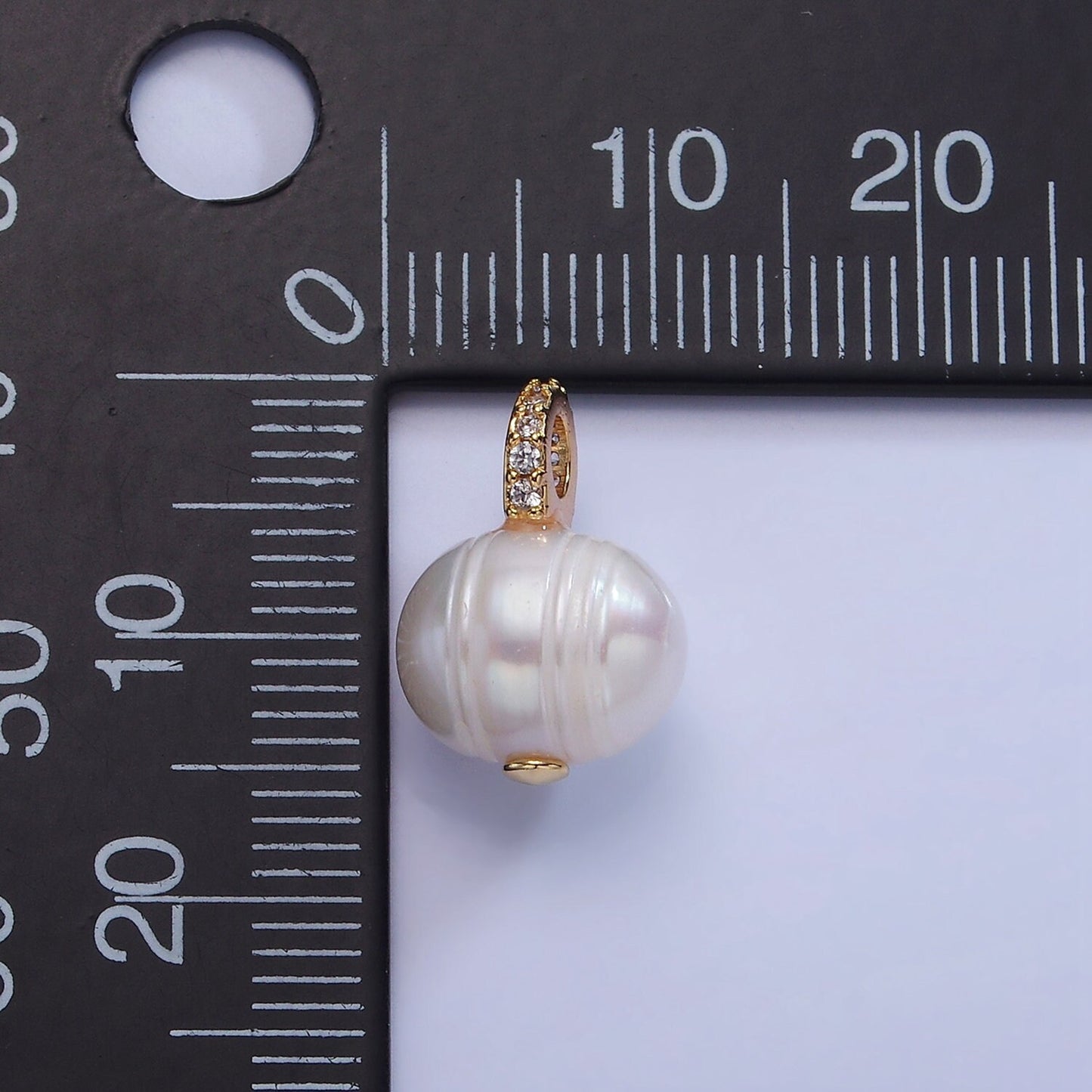14K Gold Filled 9.4mm White Freshwater Pearl Button Drop Micro Paved CZ Pendant | P1708