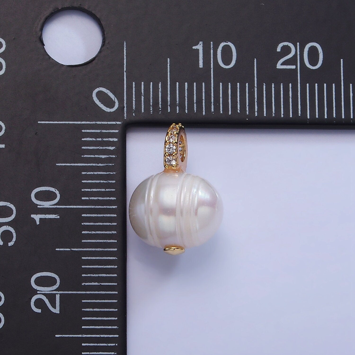 14K Gold Filled 9.4mm White Freshwater Pearl Button Drop Micro Paved CZ Pendant | P1708