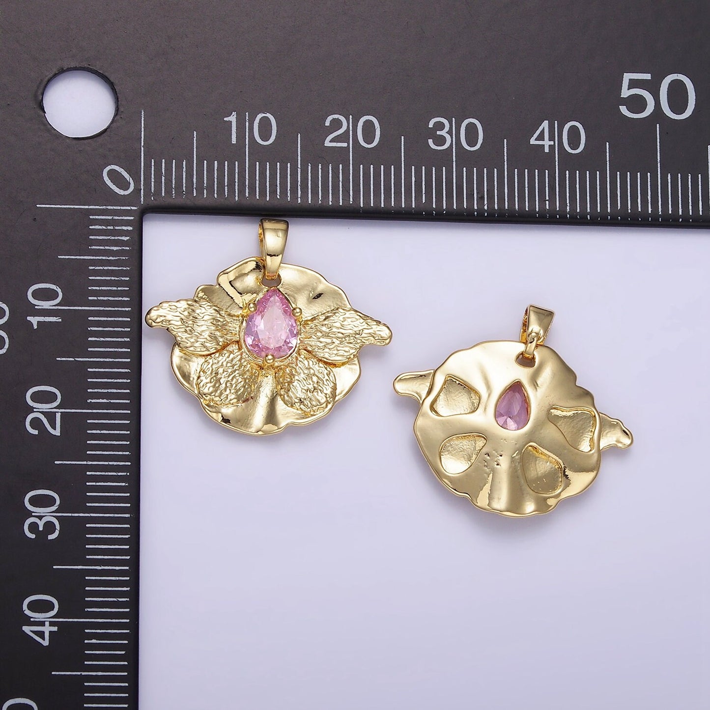 14K Gold Filled Pink CZ Teardrop Butterfly Wings Hammered Pendant | AH-144
