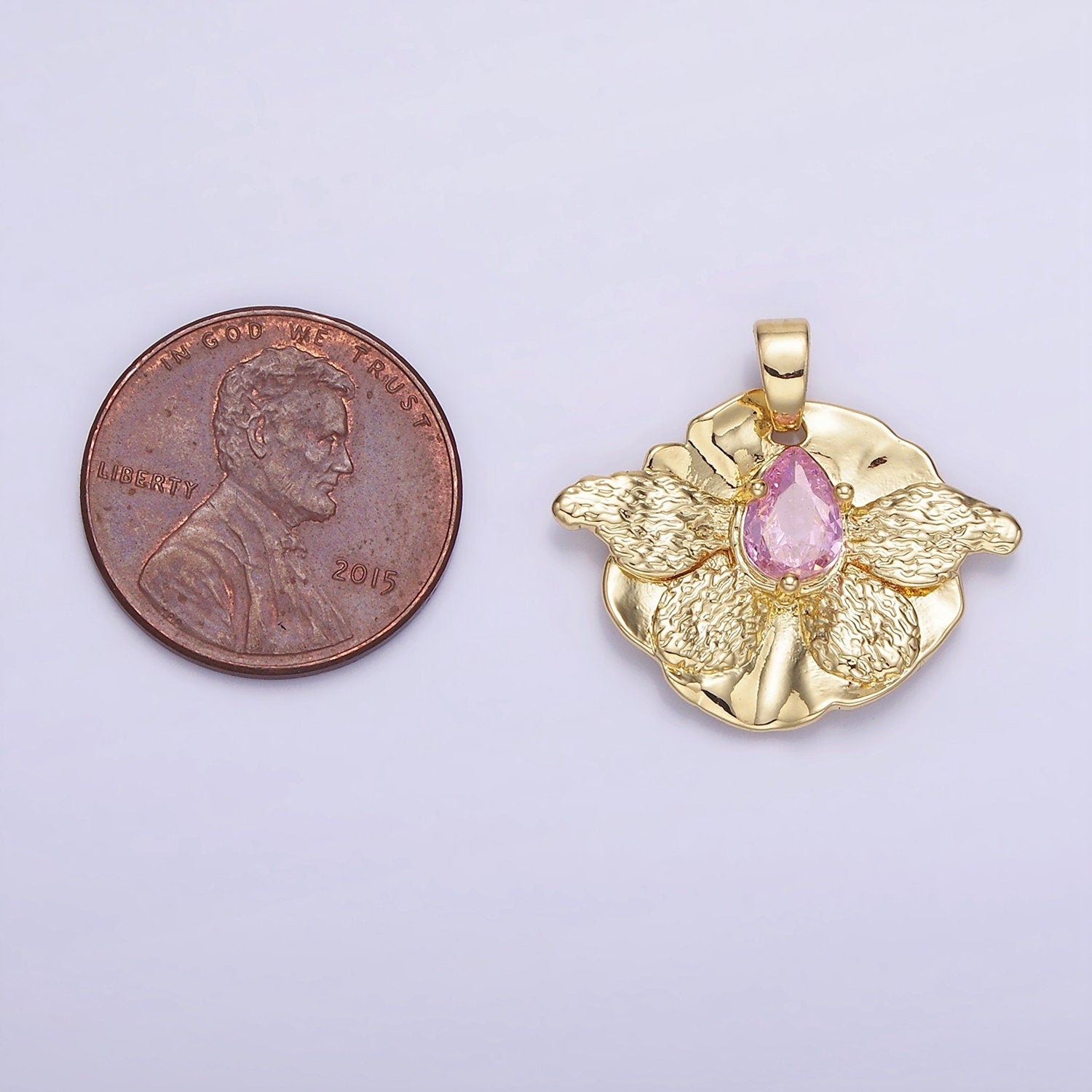 14K Gold Filled Pink CZ Teardrop Butterfly Wings Hammered Pendant | AH-144