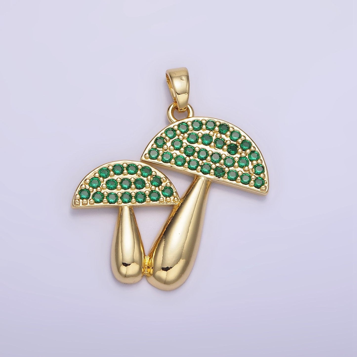 14K Gold Filled Green, Orange Micro Paved CZ Mushroom Plant Nature Pendant | AH-152