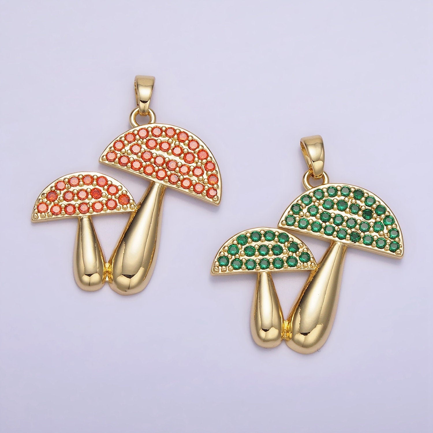 14K Gold Filled Green, Orange Micro Paved CZ Mushroom Plant Nature Pendant | AH-152