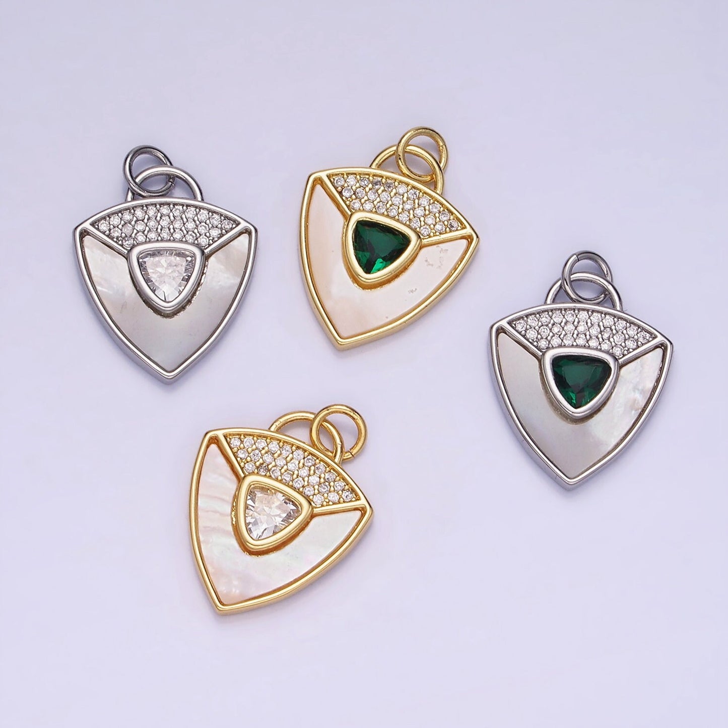 14K Gold Filled Clear, Green CZ Micro Paved Shell Pearl Shield Charm in Gold & Silver | W-492 W-493