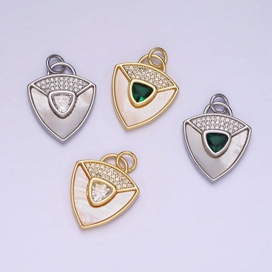 14K Gold Filled Clear, Green CZ Micro Paved Shell Pearl Shield Charm in Gold & Silver | W-492 W-493