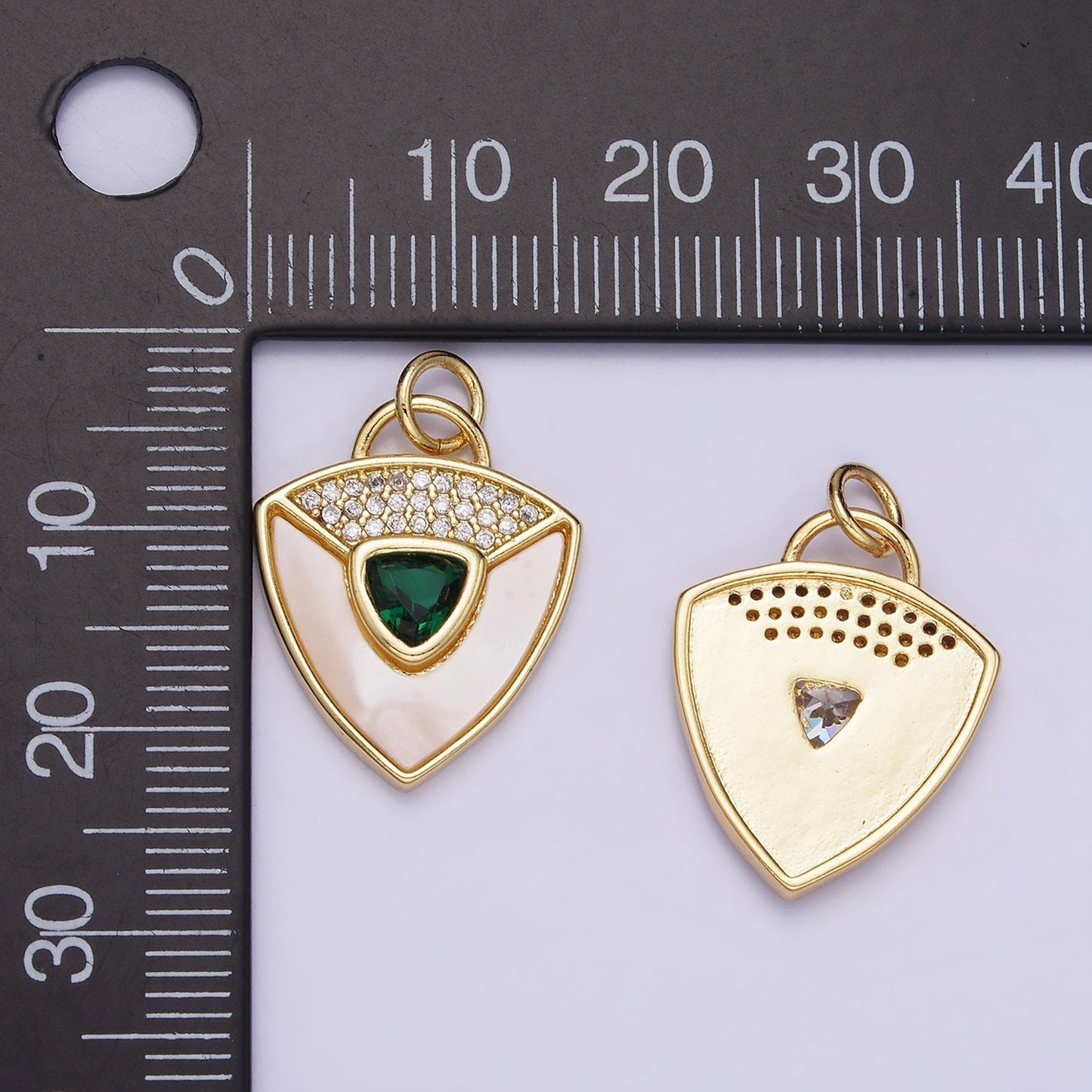 14K Gold Filled Clear, Green CZ Micro Paved Shell Pearl Shield Charm in Gold & Silver | W-492 W-493