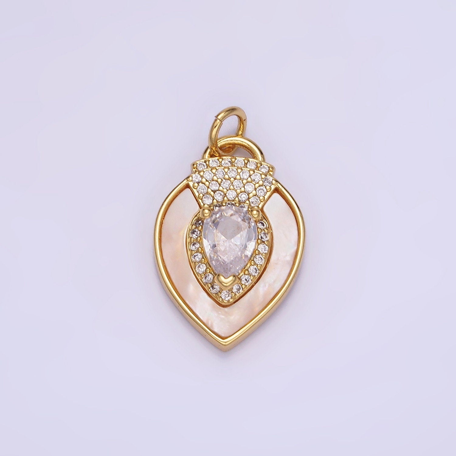 14K Gold Filled Clear, Green CZ Micro Paved Shell Pearl Teardrop Charm in Gold & Silver | W-490 W-491