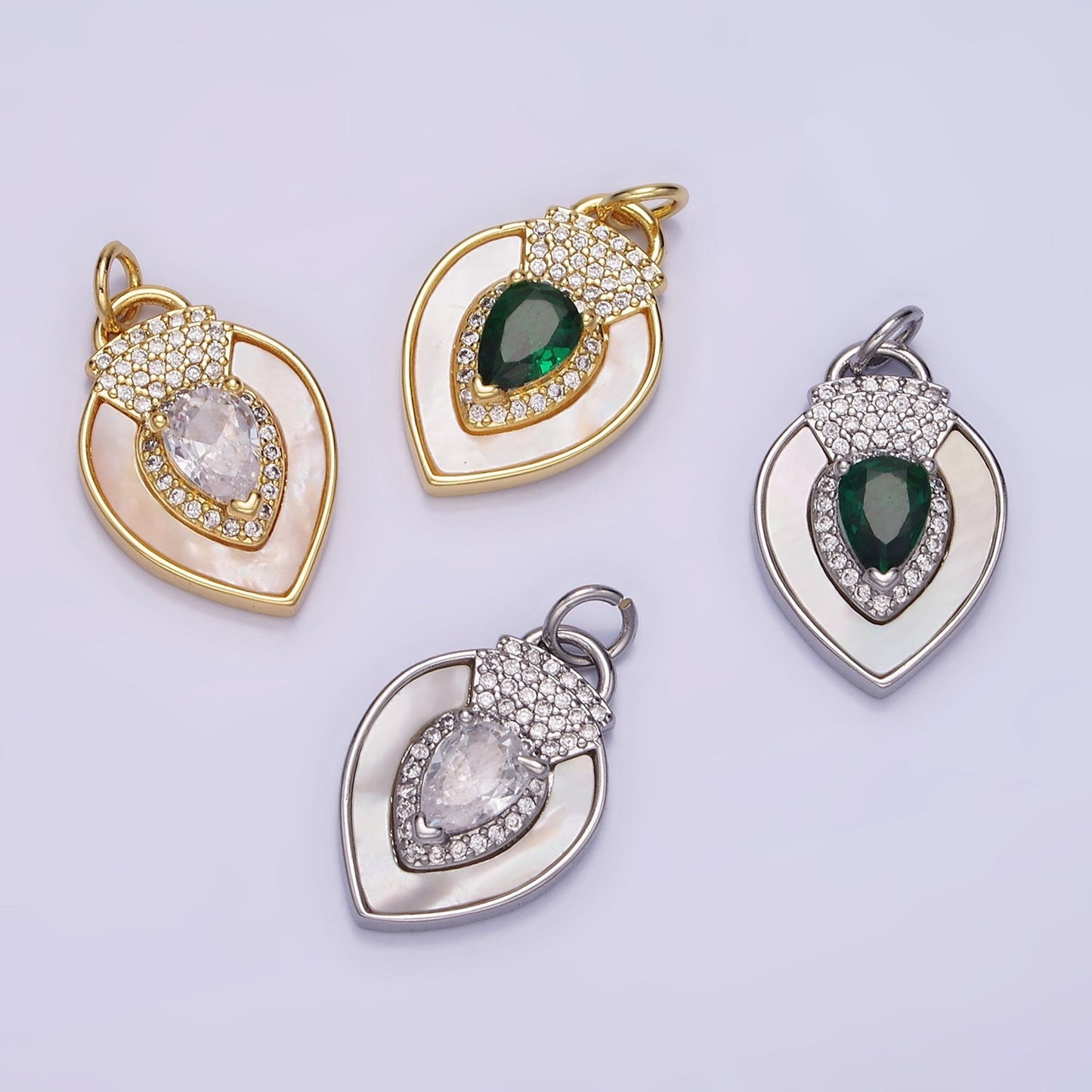 14K Gold Filled Clear, Green CZ Micro Paved Shell Pearl Teardrop Charm in Gold & Silver | W-490 W-491