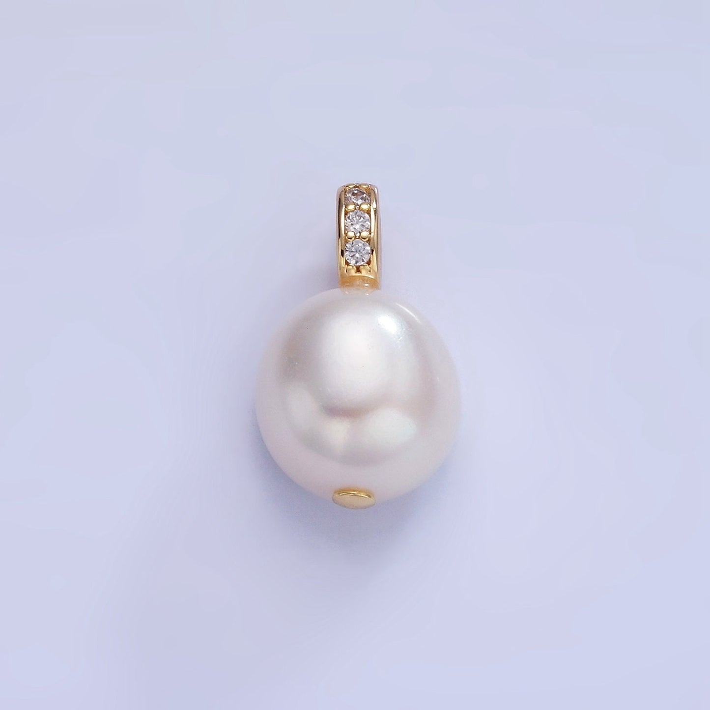 Dainty White Potato Pearl Charms Pendant with CZ Bail Approx. 19x11mm for Necklace Component Clear Cubic Zirconia P-1716