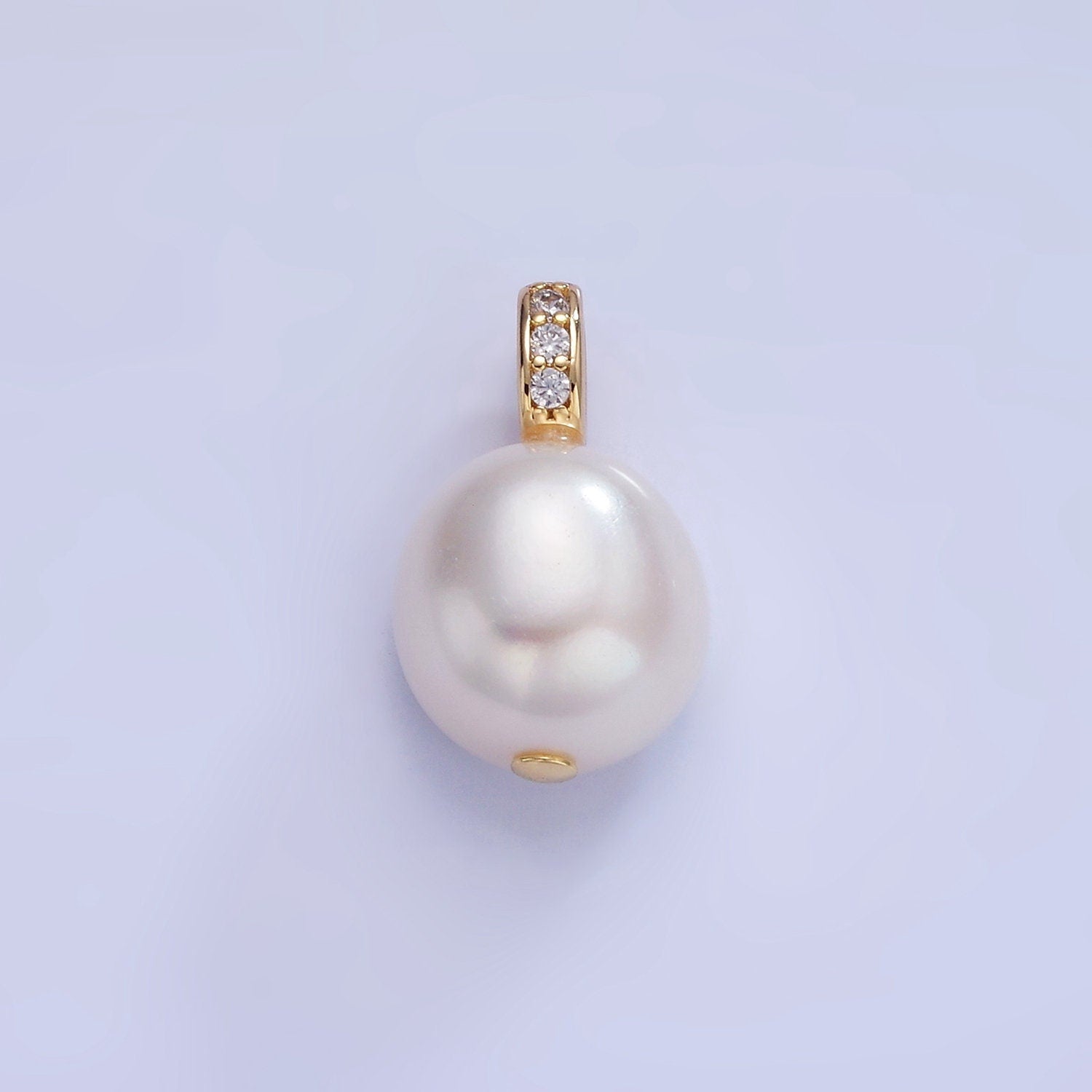 Dainty White Potato Pearl Charms Pendant with CZ Bail Approx. 19x11mm for Necklace Component Clear Cubic Zirconia P-1716