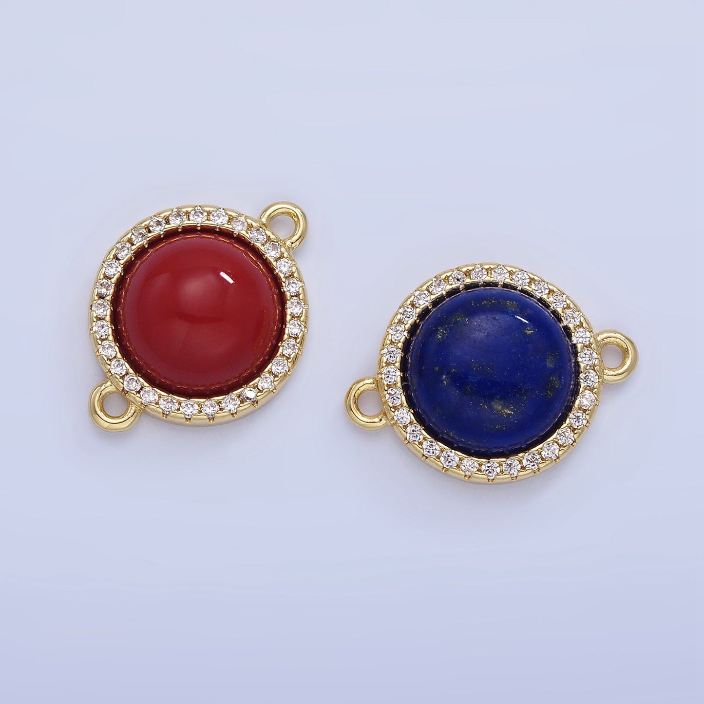 14K Gold Filled Lapis Lazuli, Carnelian Micro Paved CZ Round Connector | G-332