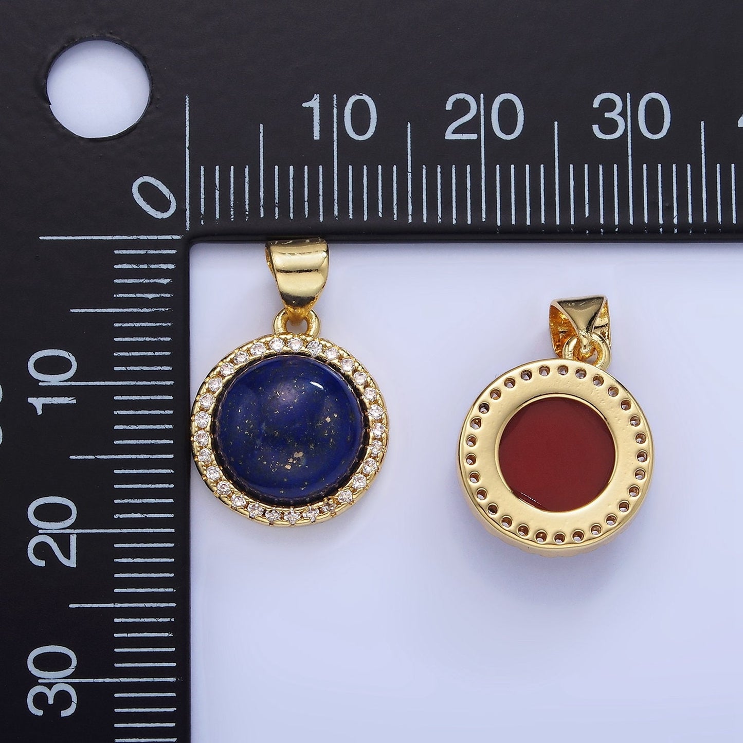 14K Gold Filled Lapis Lazuli, Carnelian Micro Paved CZ Round Pendant | AA-1248