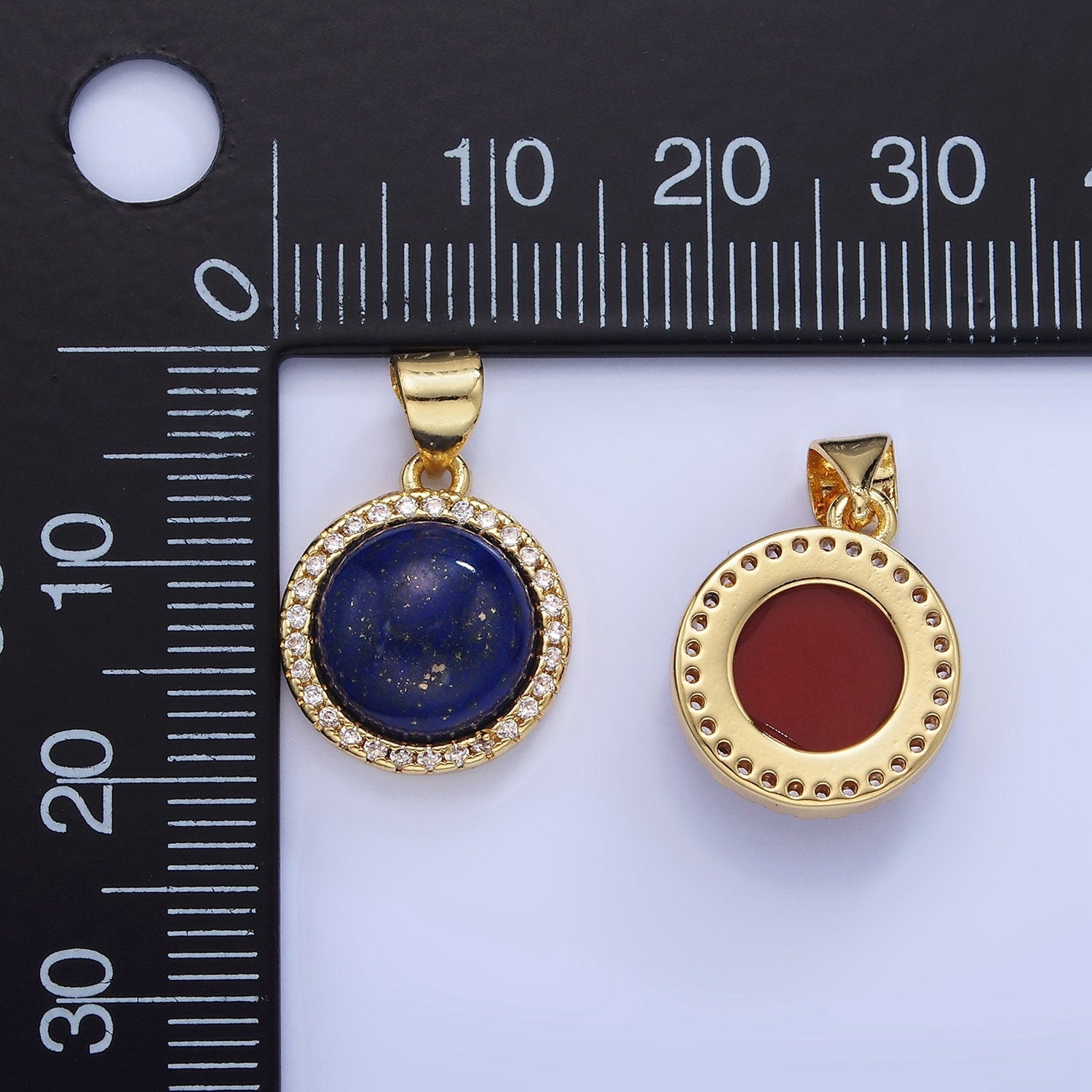 14K Gold Filled Lapis Lazuli, Carnelian Micro Paved CZ Round Pendant | AA-1248