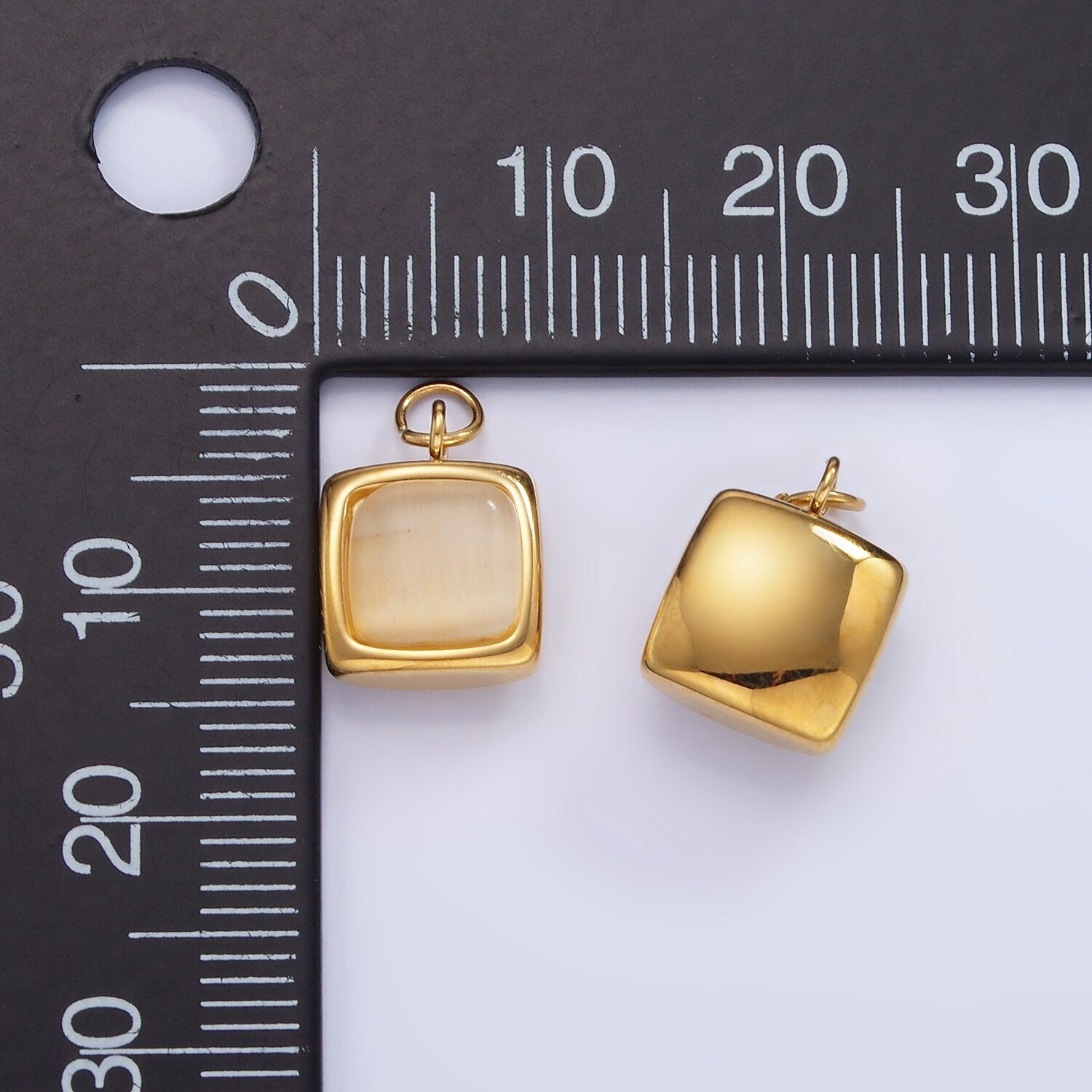 Stainless Steel 9mm Peach Cat's Eye Stone Square Charm in Gold | P-978