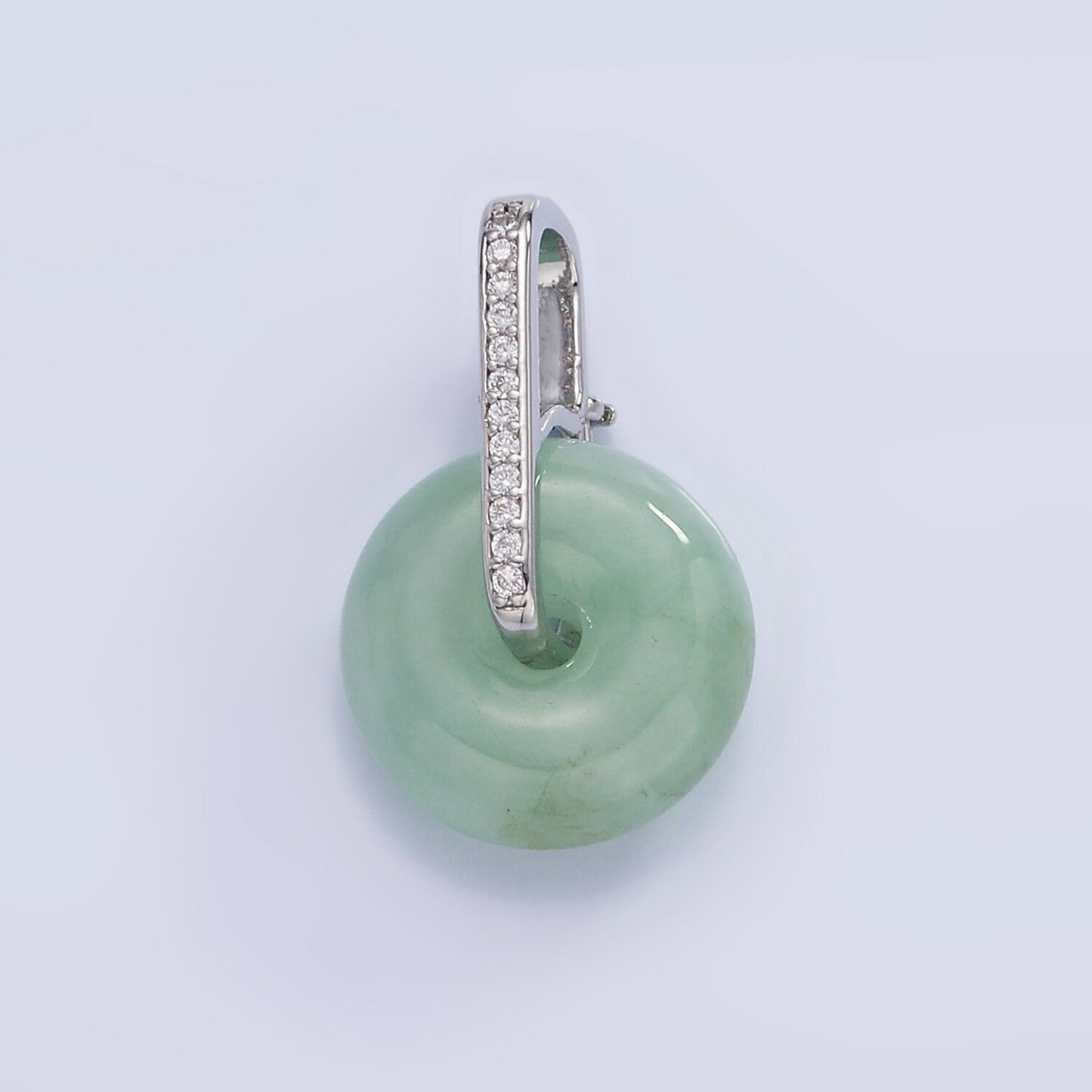 14K Gold Filled Green Jade Gemstone Donut Micro Paved CZ Linear Bail Pendant in Gold & Silver | AH-159