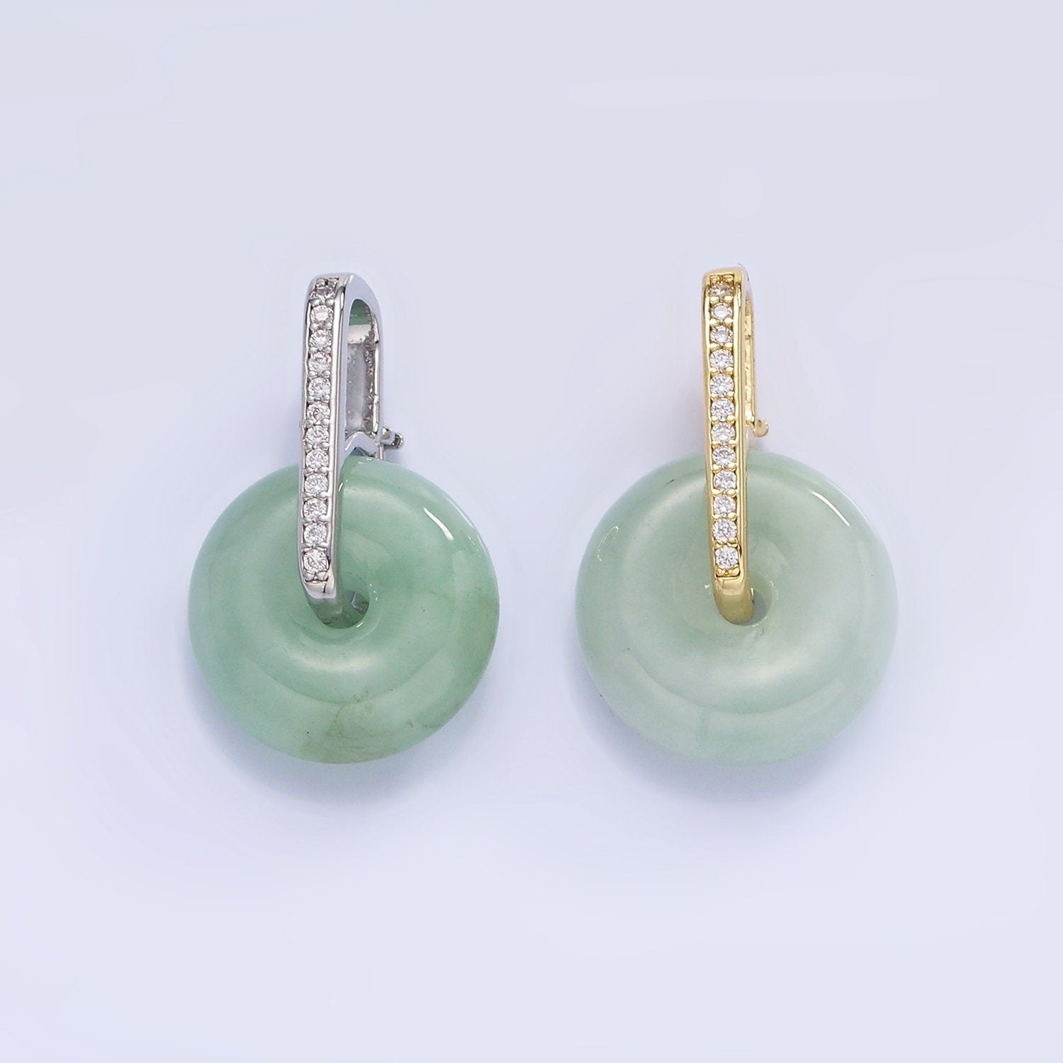 14K Gold Filled Green Jade Gemstone Donut Micro Paved CZ Linear Bail Pendant in Gold & Silver | AH-159
